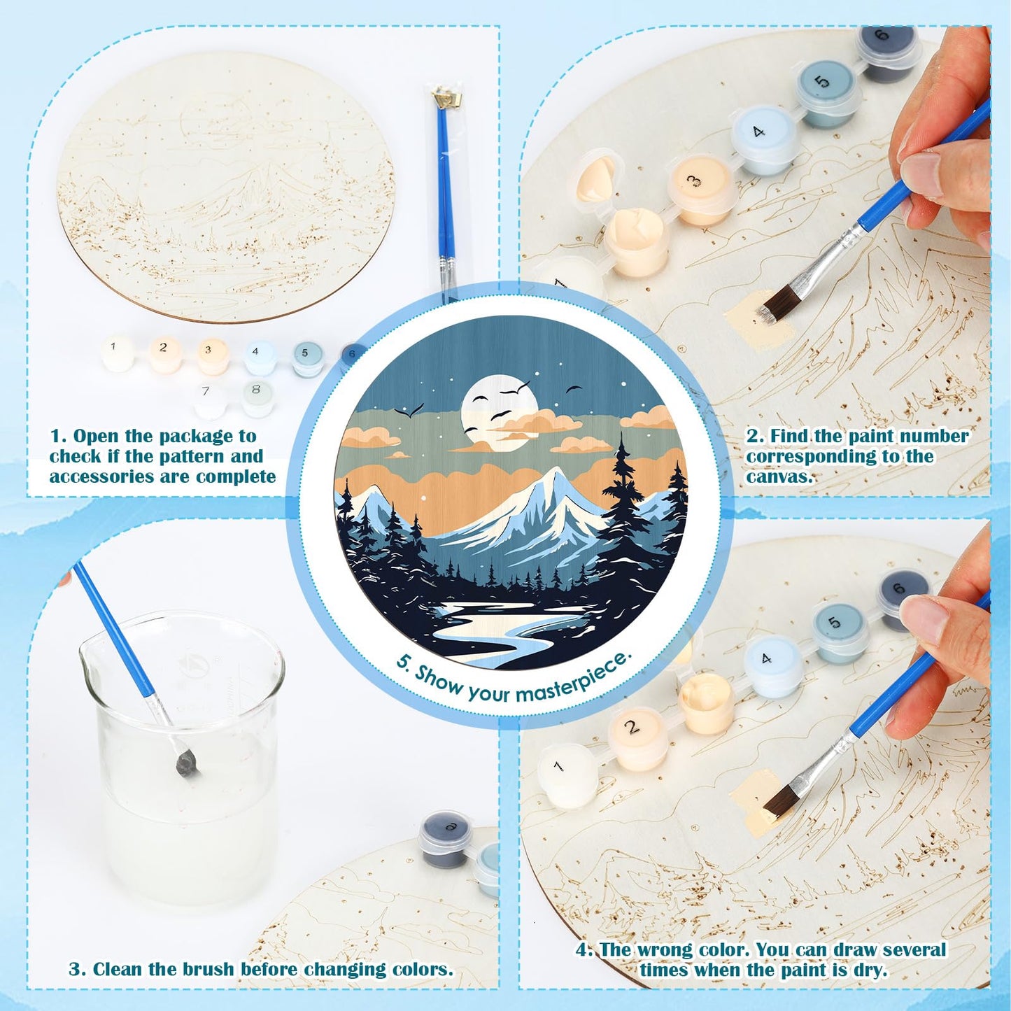 Faccito 4 Pack Wooden Landscape Paint by Numbers Kit for Adults Beginners 8 Inch Unfinished Round Wood Board Acrylic Paint Nylon Brush Hook Distant Mountains Sunset Lake DIY Crafts for Home Wall Decor