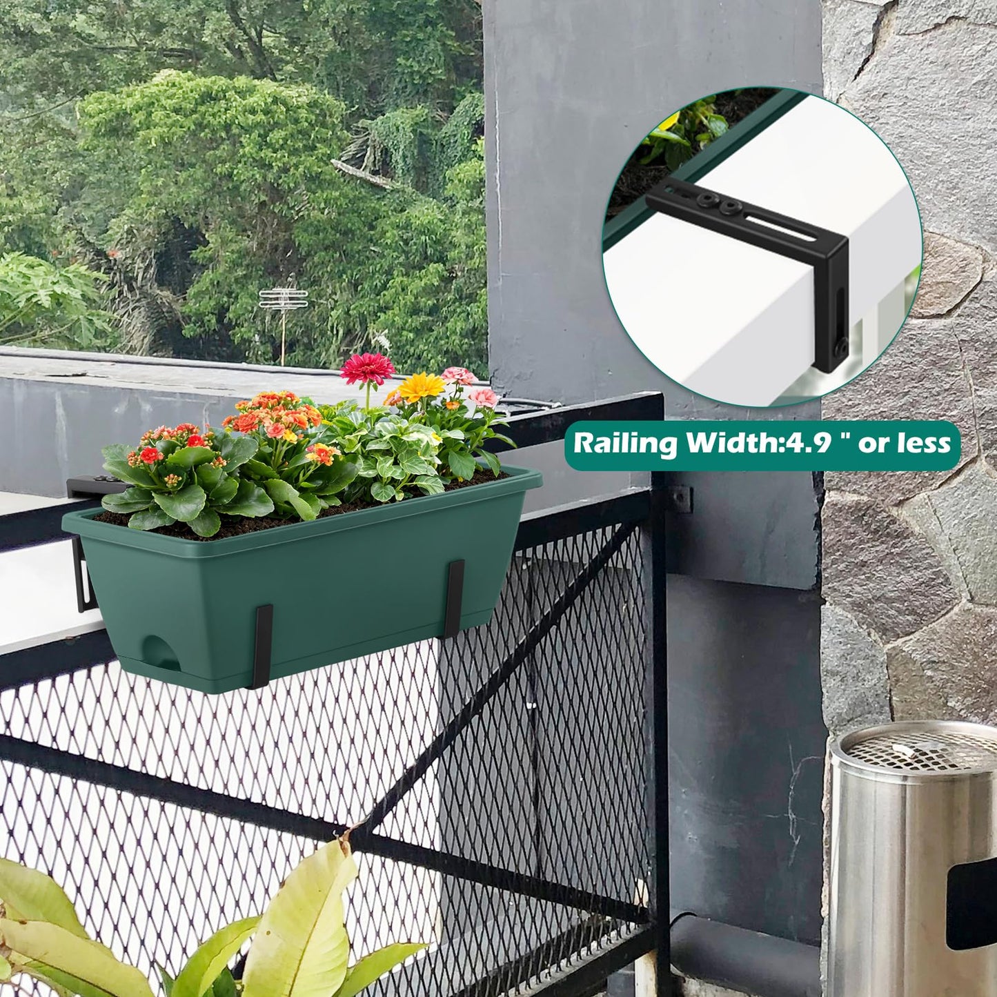 CADUKE 4 Pack Railing Planter Box 16.9 Inches Window Flower Boxes with Metal Brackets Balcony Planters Railing Hanging Fence Planter Plastic Outdoor Deck Railing Planter Boxes, Green