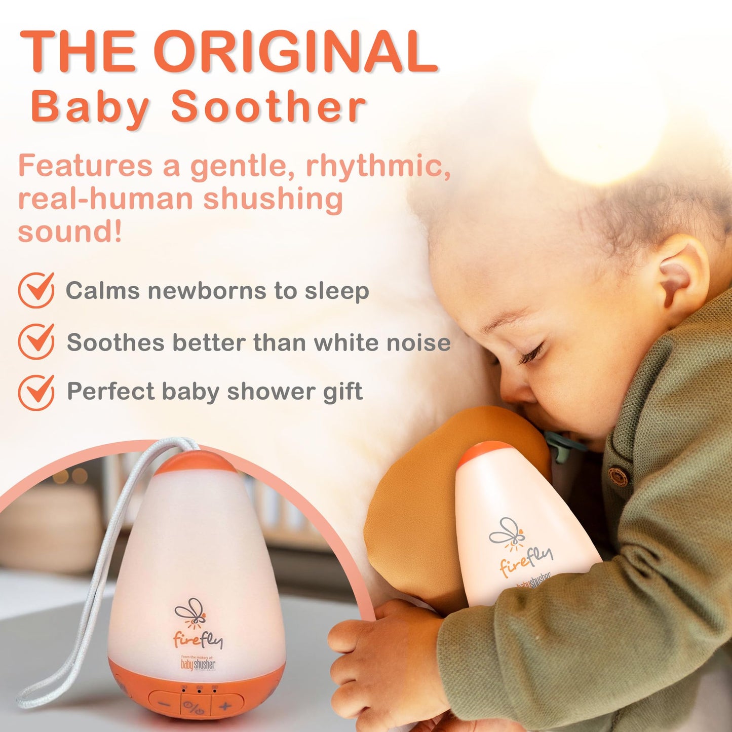 Baby Shusher Firefly Baby Soother for Crying Babies with Nightlight - White Noise Sound Machine, Baby Soother for Sleeping, Newborn Essentials for Crib, USB Rechargeable - 1 Count