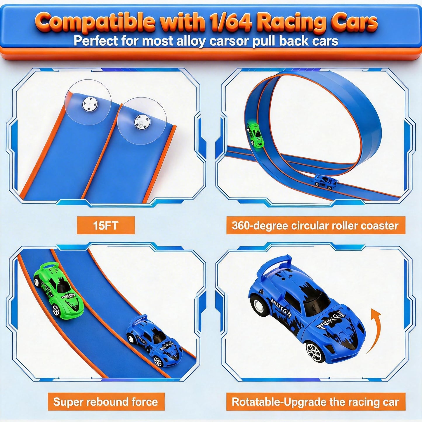 Flexible Tracks 15 Ft Flex Race Car Track for Kids Toy-DIY Car Track Set with 1/64th Rebound Cars Portable Rolls Up Race Tracks with Strong Suction Cups-Great Gifts Toys for Boys Girls Ages 3+