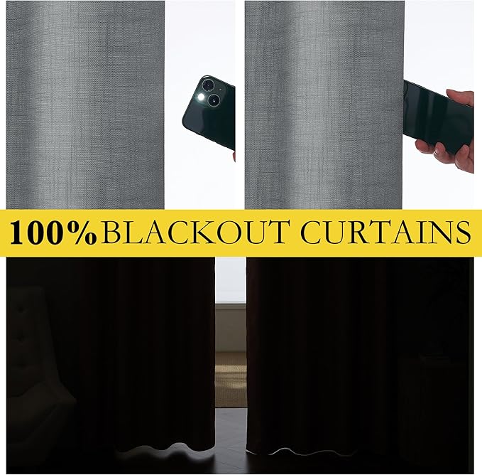 NICETOWN 100% Absolutely Blackout Linen Curtains with Thermal Insulated White Liner, Dove Grey, W52, 2 Pieces, Noise Reducing Textured Linen Look Curtains for Windows 120 inch Length for Classroom