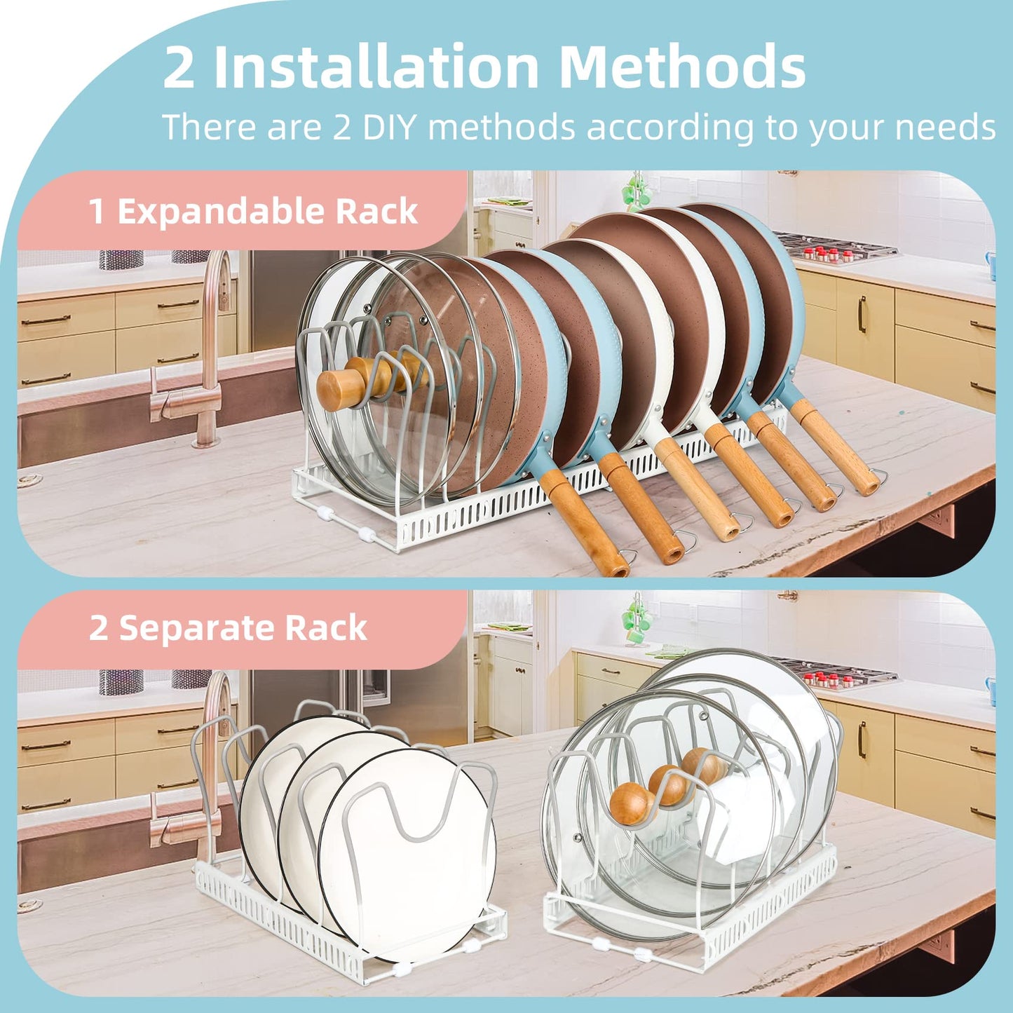 ROOHUA Pot Rack Organizer -Expandable Pot and Pan Organizer for Cabinet,Pot Lid Organizer Holder with 10 Adjustable Compartment for Kitchen Cabinet Cookware Baking Frying Rack