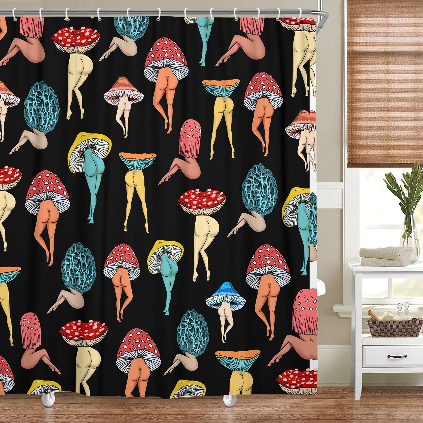 Uokiuki Funny Mushroom Butt Shower Curtain, Fun Cute Sexy Butt 70S 80S Fabric Shower Curtains for Bathroom Hippie Psychedelic Aesthetic Colorful Unique Cool Cloth Black Shower Curtain Set 70X70IN