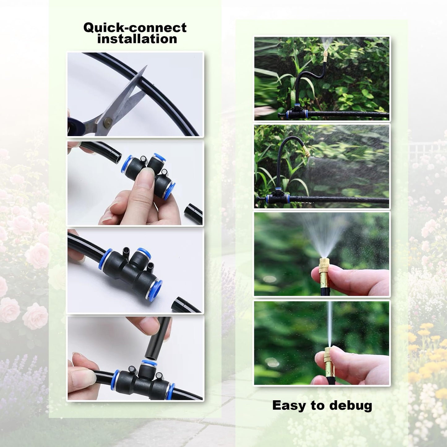 30FT 360° Mist Spray Drip Irrigation System - Garden Watering Kit with 10 Fine Mist Nozzles, Adjustable Atomizing Sprinkler for Greenhouse, Potted Plants, Raised Beds, Yard, 1/4 inch Hose