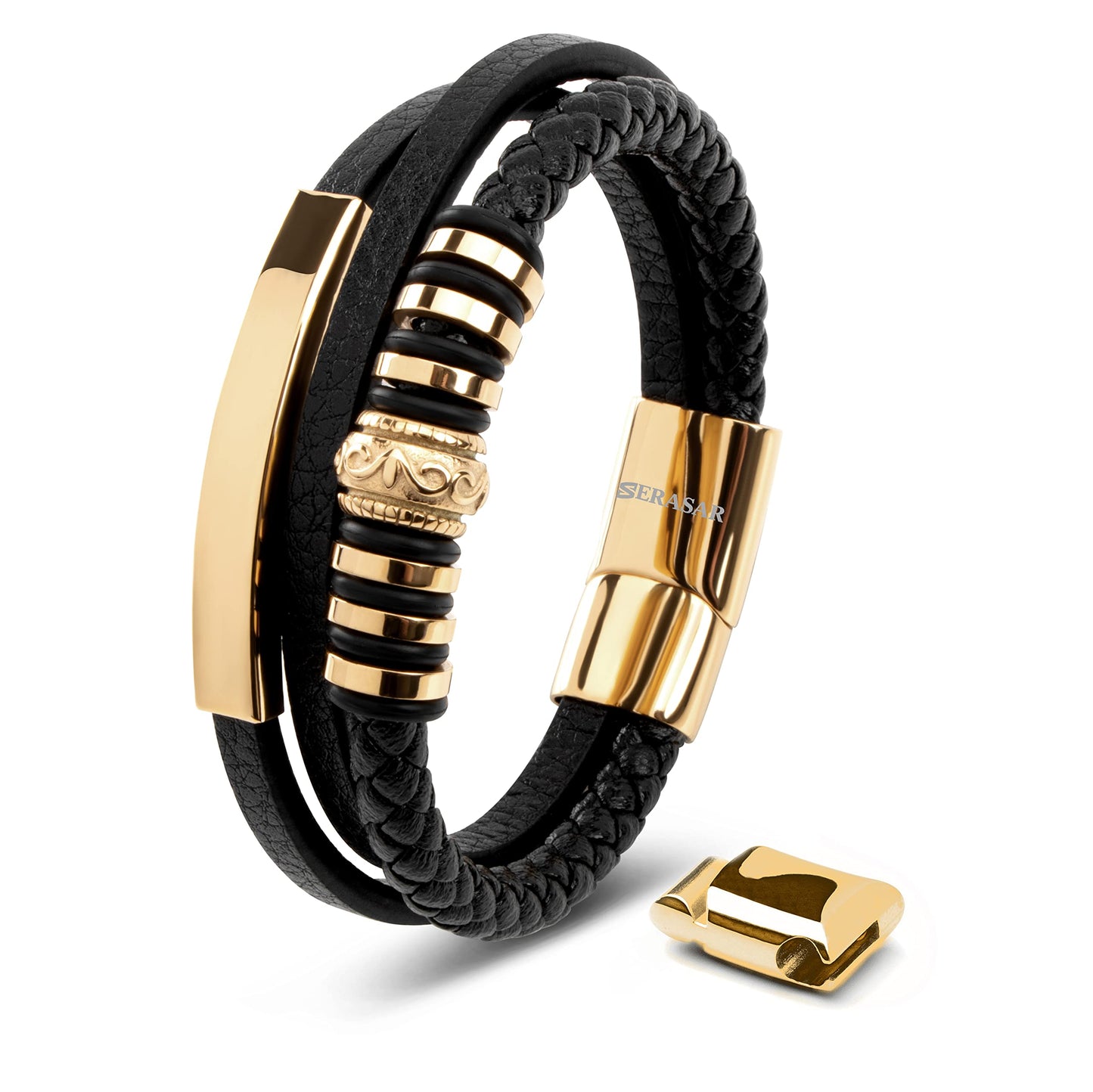 SERASAR Mens Bracelets 20cm Gold Gift Box Genuine Leather Cowhide Braided Adjust Able Magnetic Clasp Multi Layer Wrap Jewellery Rope Man Mans Male Band Jewelry Accessories