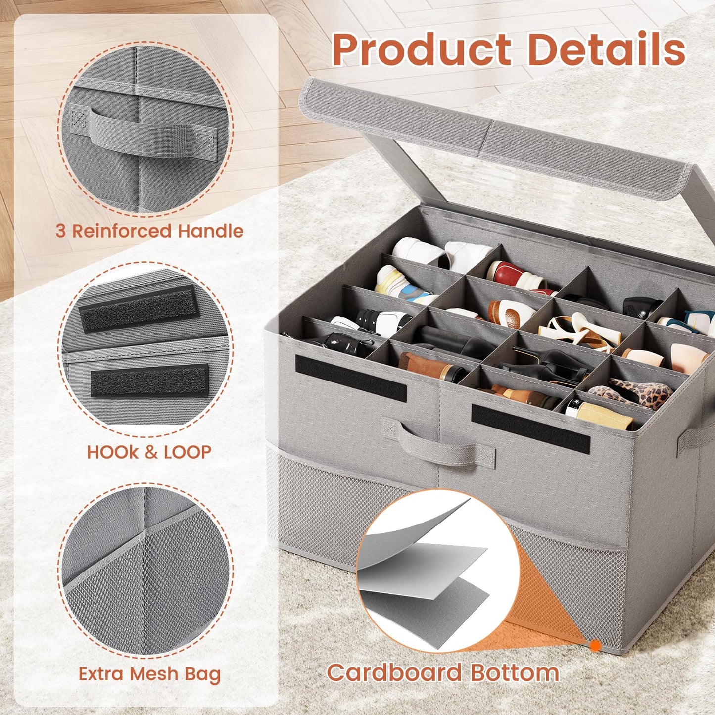 PHINOX Shoe Organizer for Closet, Fits up to 16 Pairs, Shoe Storage Bins with Clear Cover and Reinforced Handles, Foldable Shoe Storage Organizer, Space Saving Shoe Holder for Wardrobe, 2 Pack Grey