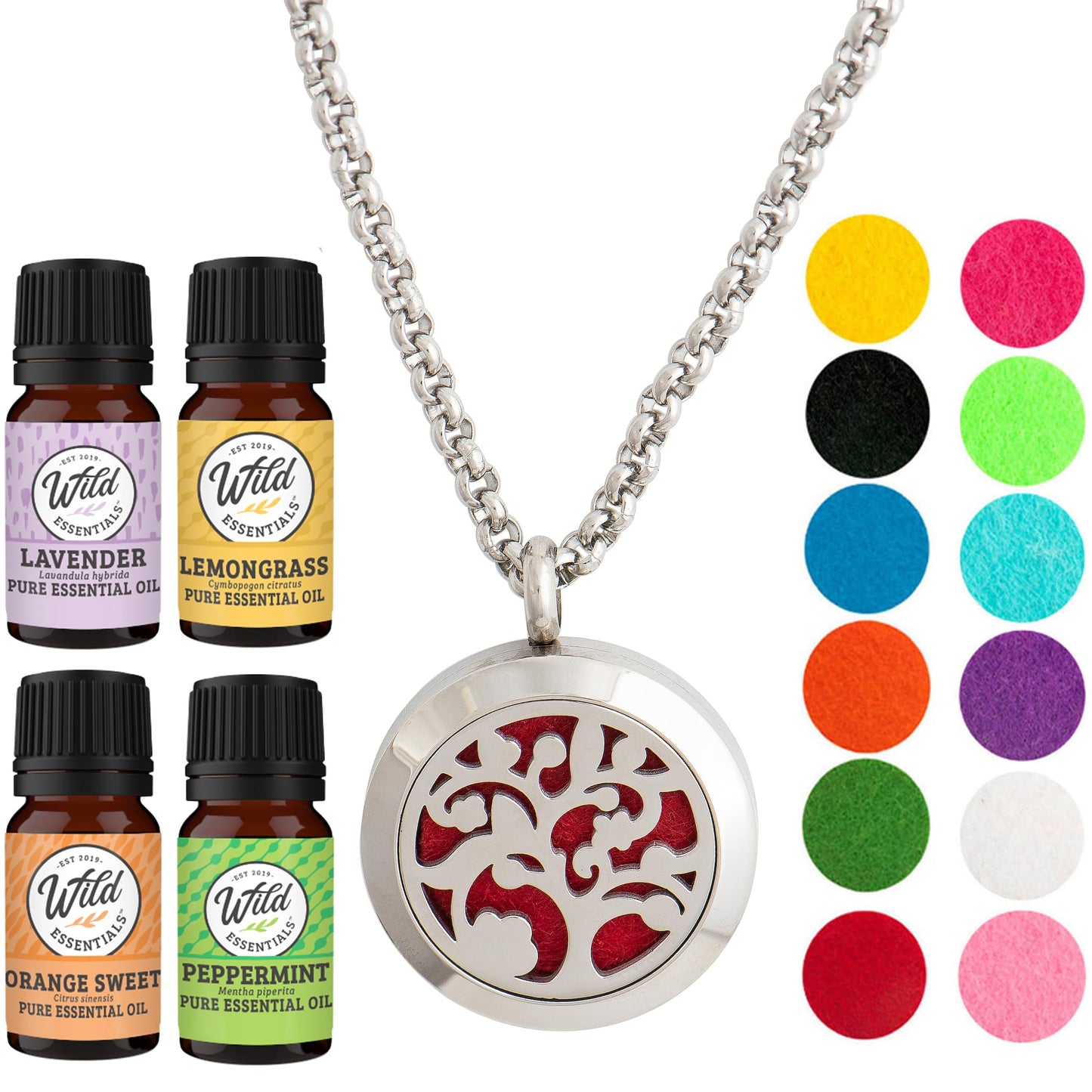 Wild Essentials Arbol Tree Necklace Essential Oil Diffuser Kit with Lavender, Lemongrass, Peppermint, Orange Oils, 12 Refill Pads, Calming Aromatherapy Gift Set, Customizable Color Changing, Perfume