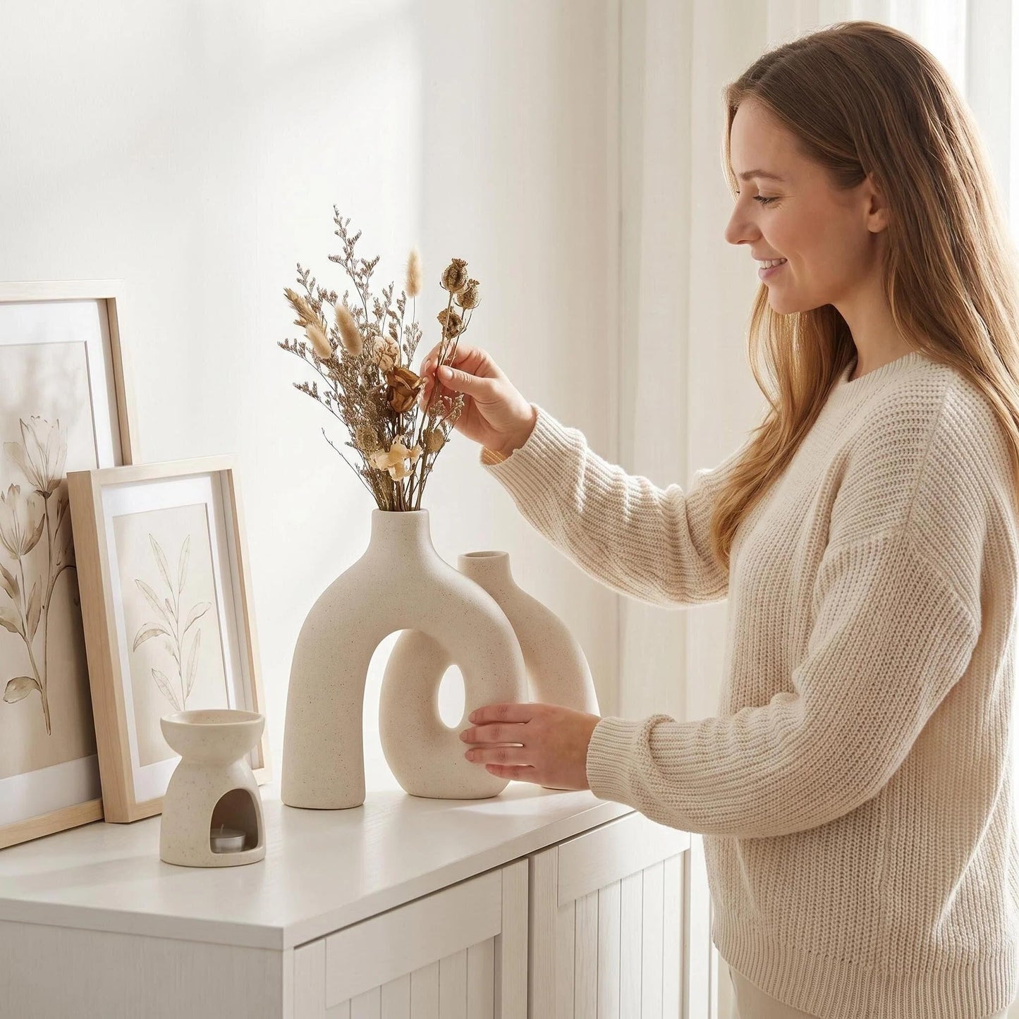 CEMABT Modern Nordic Boho Vase Set - Elegant Beige Matte Ceramic Vase for Living Room, Bookshelf, Mantel, Entryway Table & Console Decor | Home Decor Shelf Decorations Easter Gift