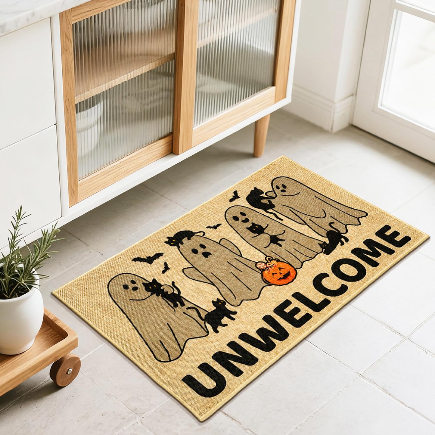 Kazova Unwelcome Doormat Funny Ghost Boo 17x30 Inch Non Slip Washable Linen Indoor Outdoor Rug for Introvert Home Office Front Door Entryway