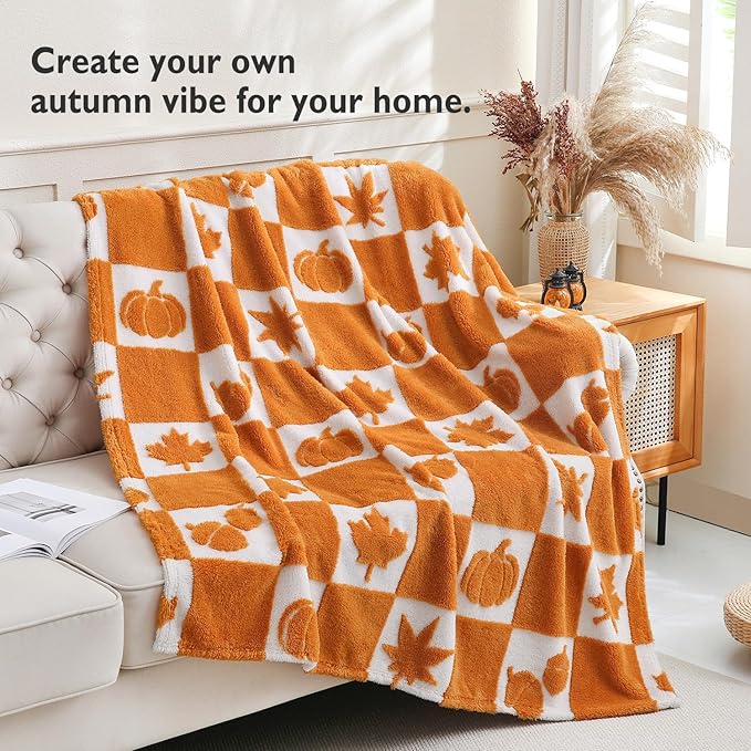 SOCHOW Fall Decor Jacquard Throw Blanket, Fuzzy Soft Warm Pumpkin Maple Leaves Plaid Autumn Checkered Blanket for Couch, Sofa and Bed, 50 x 60 Inches, Orange/White