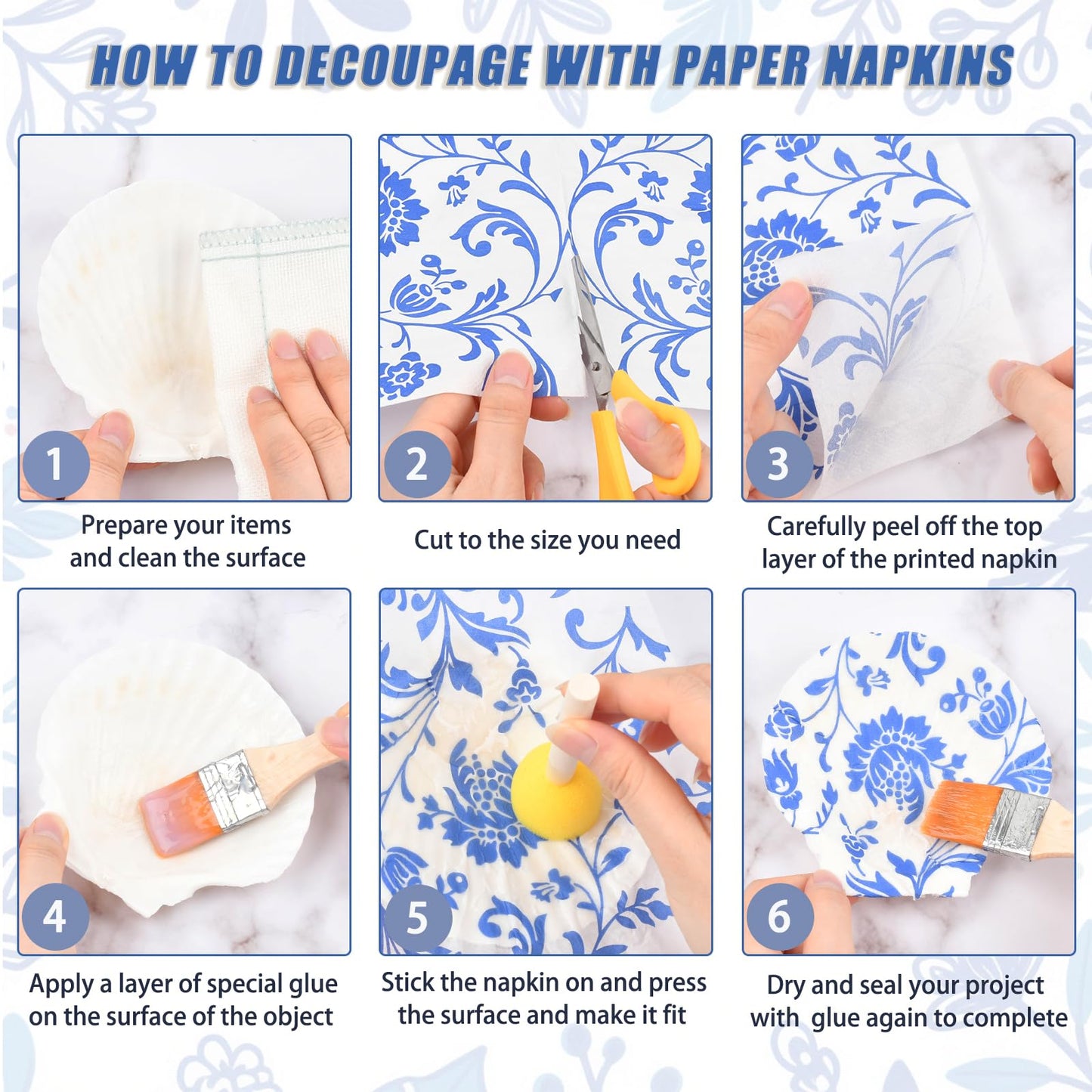 The Left Bridge Scallop Shells Decoupage Kit, DIY Sea Shells with Decoupage Paper, Coastal Home Decor Crafting Kit for Adults, Chinoiserie Style Handmade Shell Craft Ornaments (No Glue and Pigment)