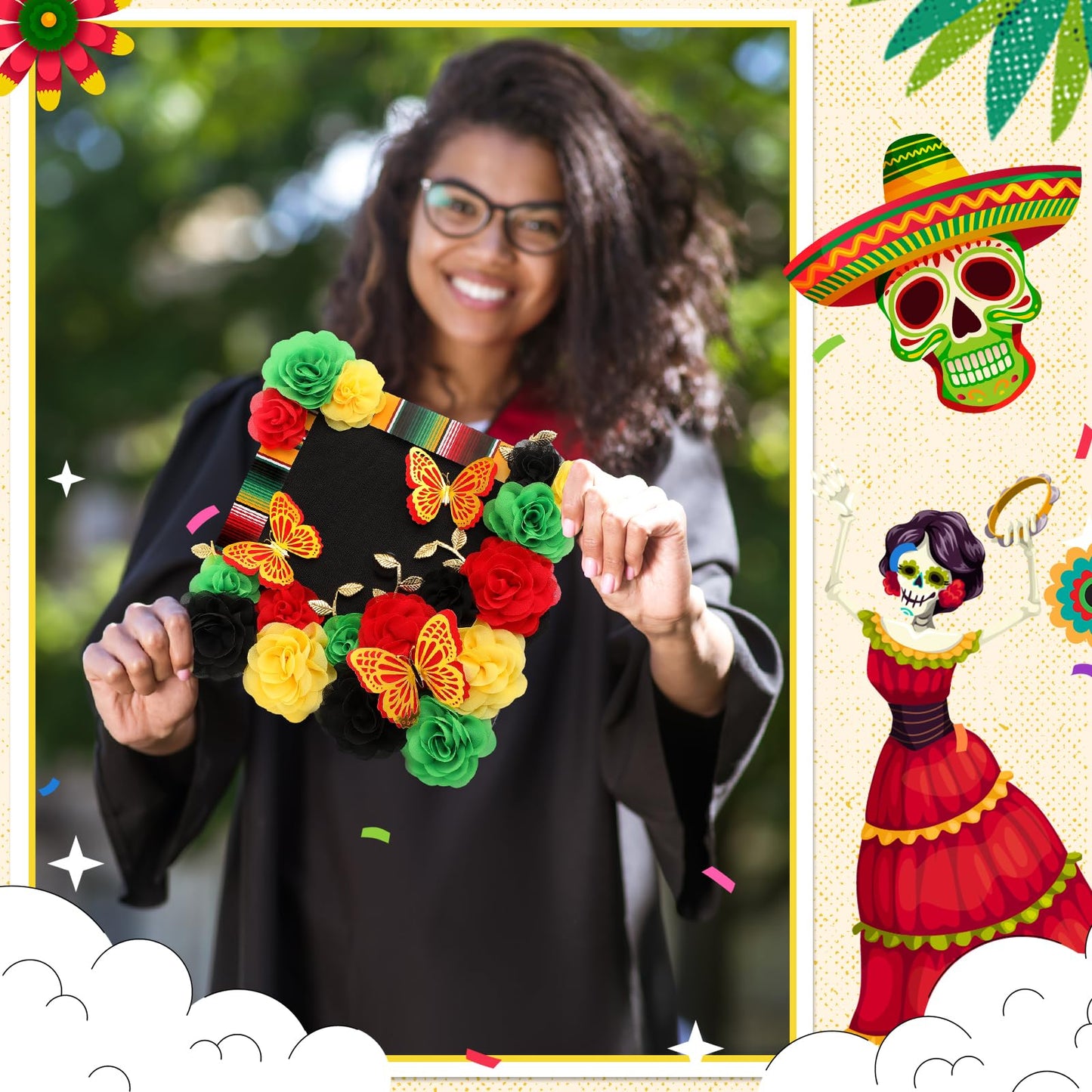 Fullhawl 37 Pcs DIY Mexican Graduation Cap Decorations Accessory Kit Include Chiffon Flower Heads 3D Butterfly Mexican Striped Sticker Gold Leaves Graduation Cap Decoration DIY Decor(Black)