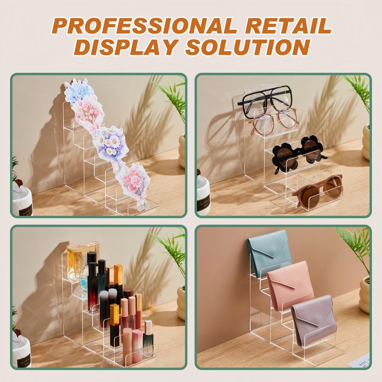 Kathfly 2 Pack 6-tier Acrylic Display Stand for Purses & Wallets, Clear Riser Organizer Shelf for Perfume, Sunglasses, Cosmetics, Multi-Tiered Countertop Vendor Display for Craft Fairs, Retail
