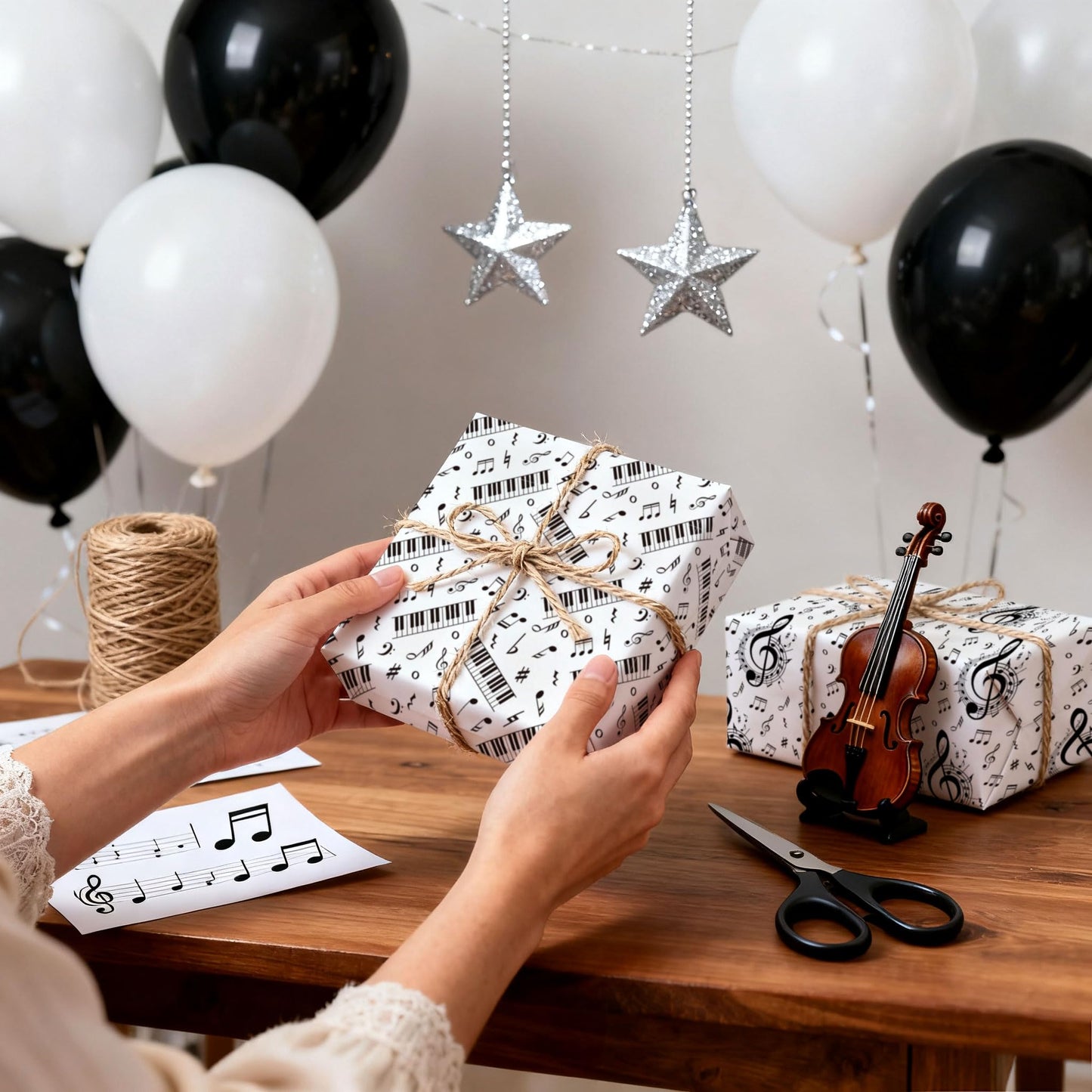 12 Sheets Music Notes Wrapping Paper Black White Pattern Gift Wrap Paper Music Themed Birthday Wrapping DIY Crafts Papers Party Favors Supplies