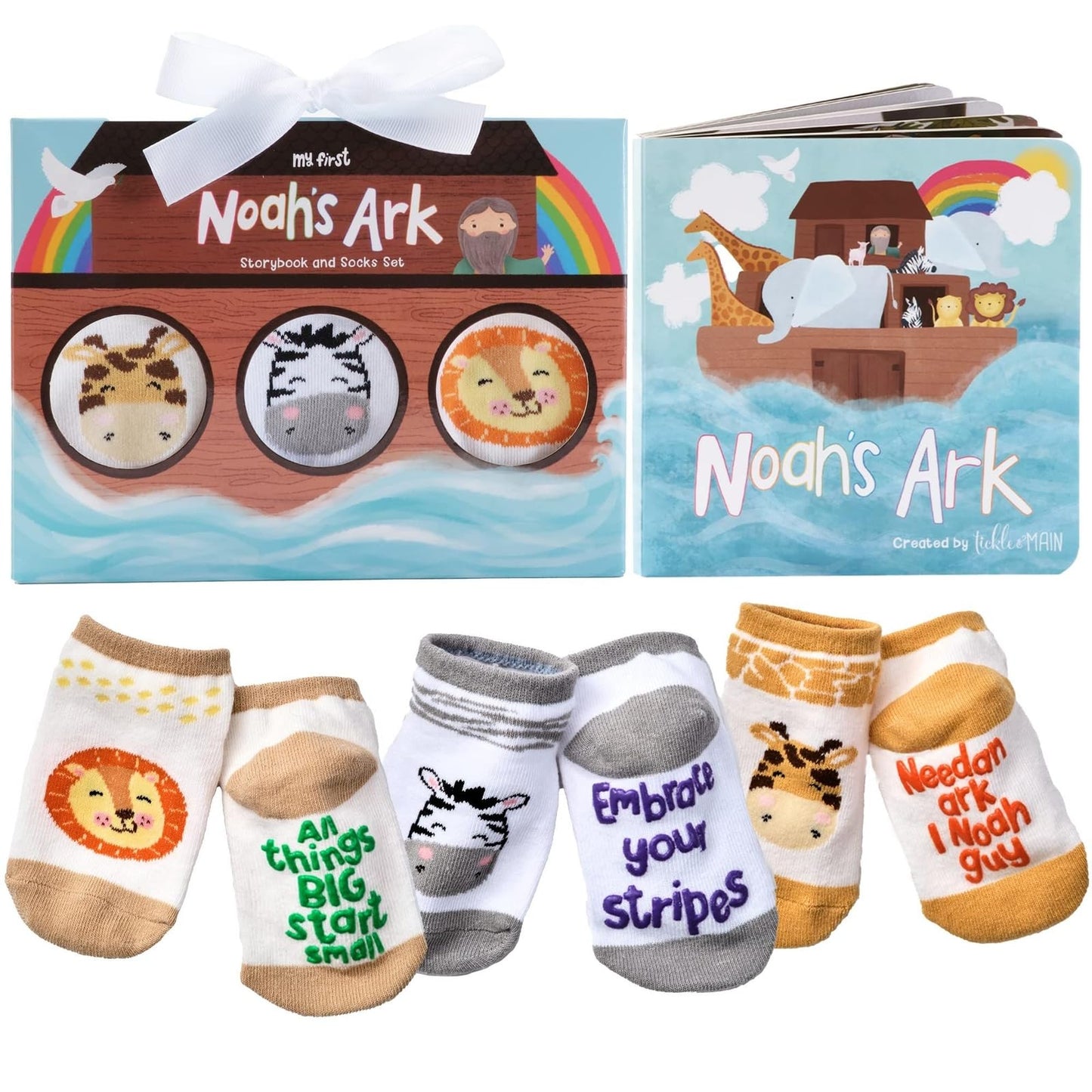 Tickle & Main Noah's Ark Baptism Gifts for Boys Book & Sock Set - 0-12 Months, 4-Piece - Baptism Essentials & Storybook Combo