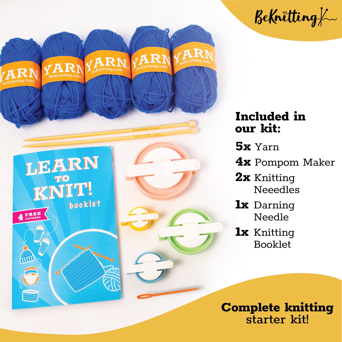 BeKnitting Knitting Kit for Beginners Adults & Kids - Learn to Knit - Yarn, Pompom Makers, Needles & Other Supplies | Holiday Gifts, Gift-Ready Box