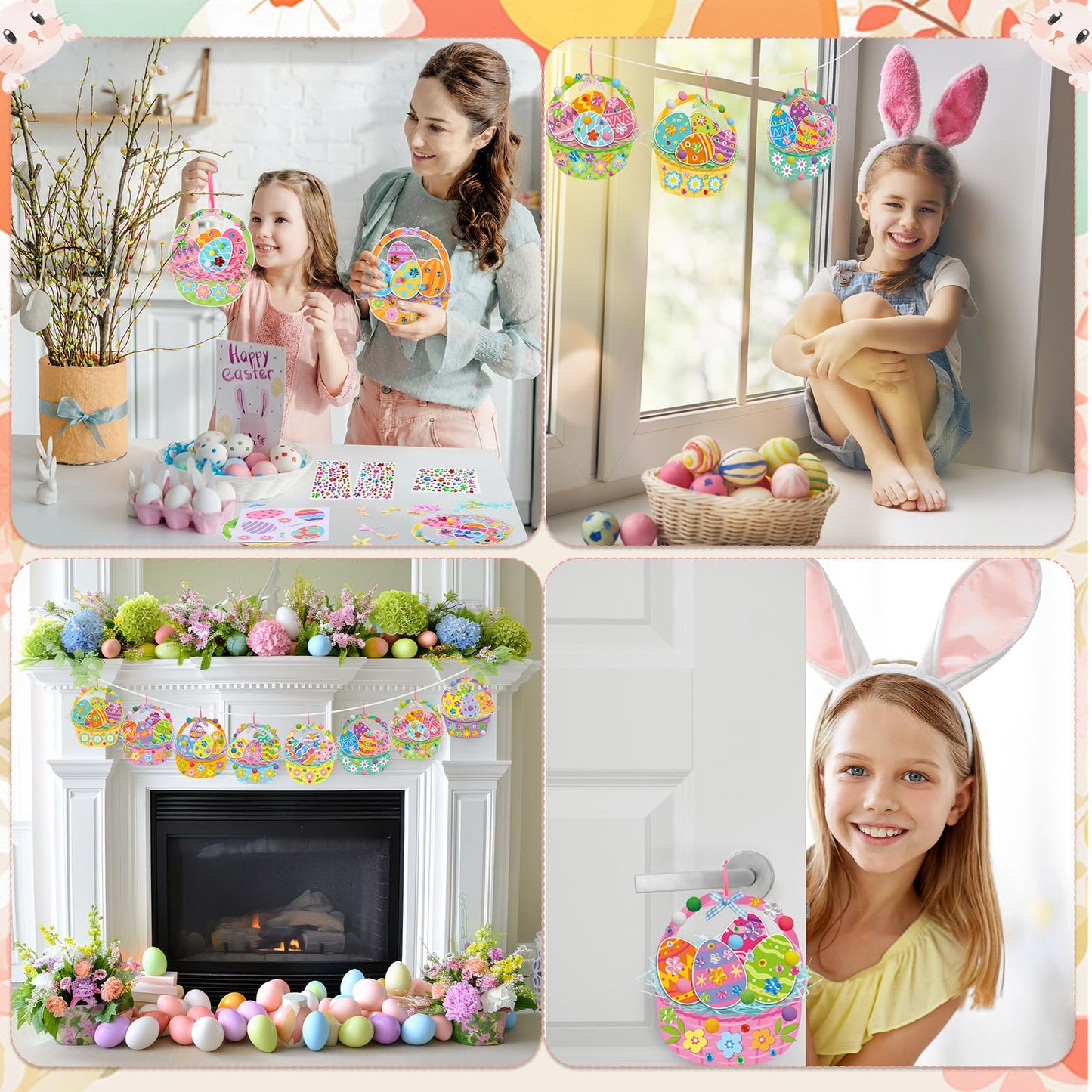 Funrous 48 Sets Easter Crafts Kit Easter Basket Egg Paper Crafts DIY Make Your Own Basket Hanging Ornaments Decorations with Pompoms Diamond Stickers Spring Classroom Activity Arts Gifts Party Favors