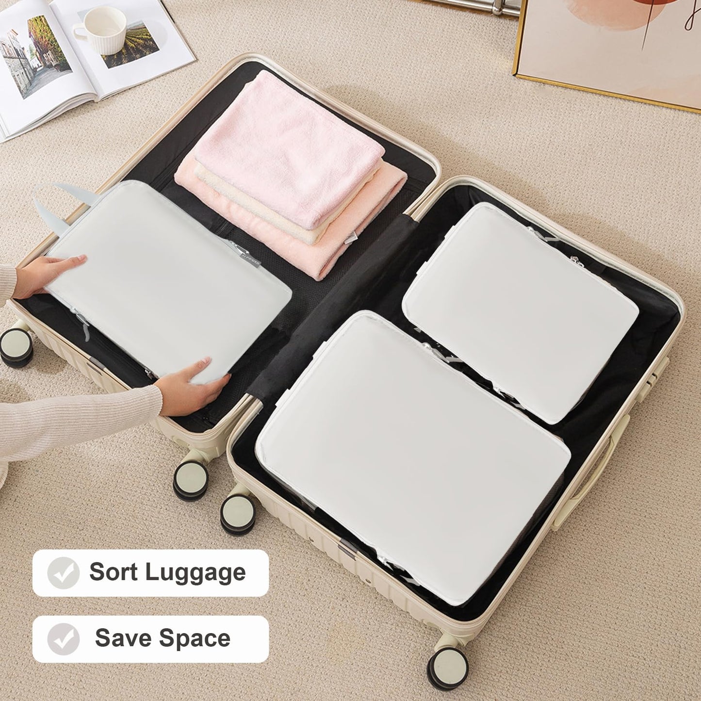 JJ Power 3 Set Lightweight Compression Packing Cubes for Suitcases, Travel Essentials Expandable Packing Cubes Organizer for Carry on Suitcases(Cream)