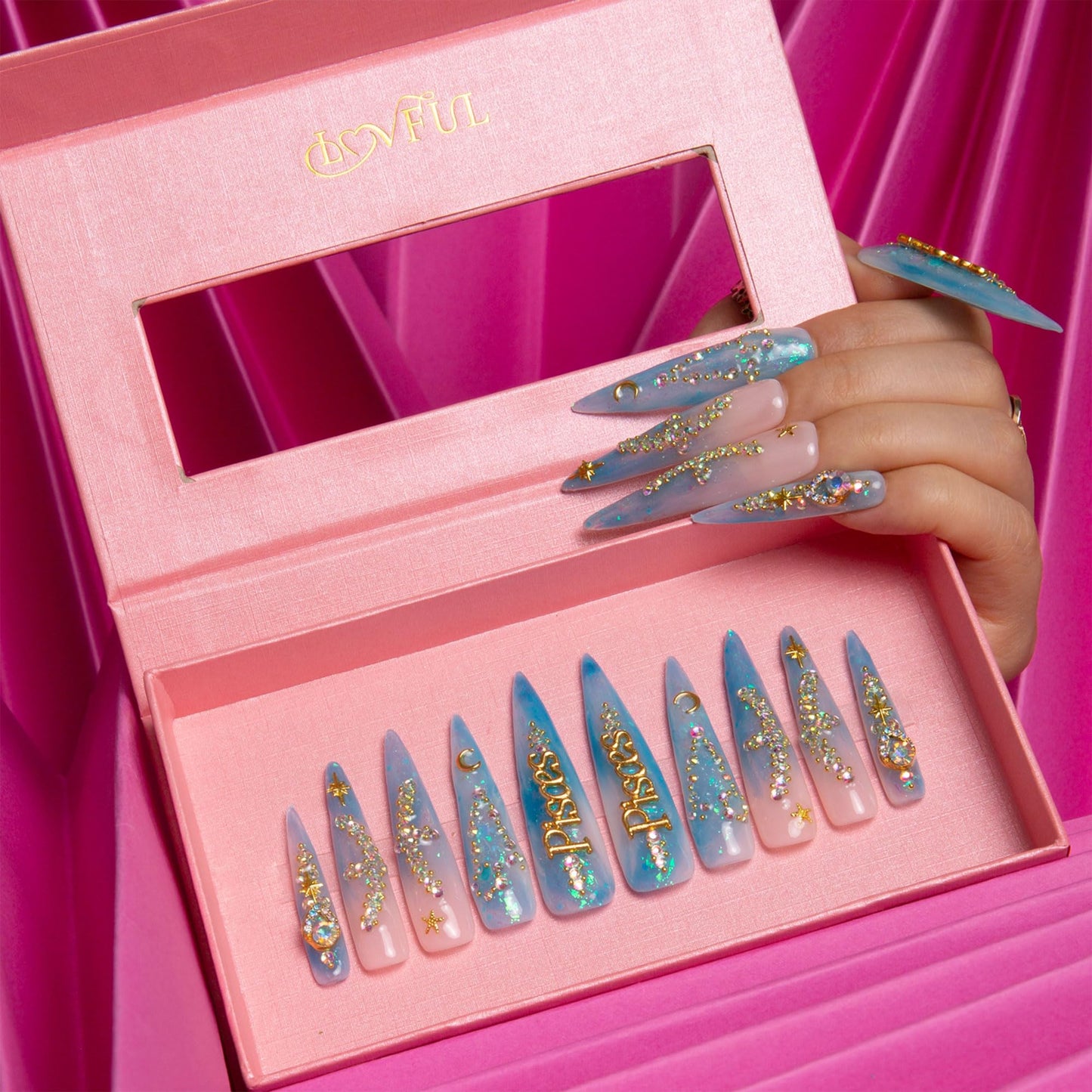 LOVFUL Press on Nails Pisces Blue French Tip | Handmade with Full Covered Crystals | Reusable Full Cover Nails | Stiletto Long 2.2 in | H157-S