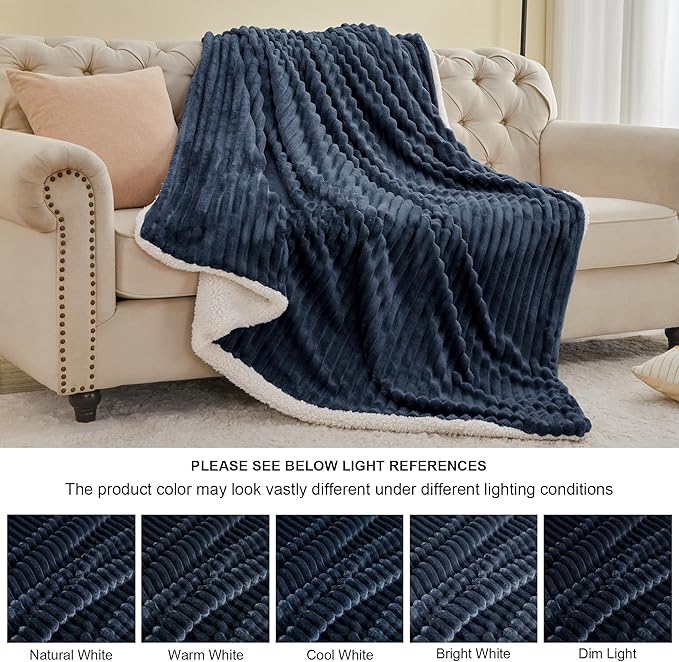 INFIIXSO Sherpa Throw Blanket for Couch - Super Soft & Warm Striped Fleece Blanket, Cozy Plush Fluffy Blanket All Season Use (Navy Blue, 50x60 Inches)