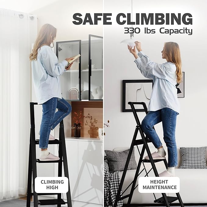 Taranta 5 Step Ladder,Liahtweight Aluminum Laddewith Handgrip, Portable Folding Stepladder with Anti-SlipPedalfor Home, Ofice, Kitchen 330lbs - Black