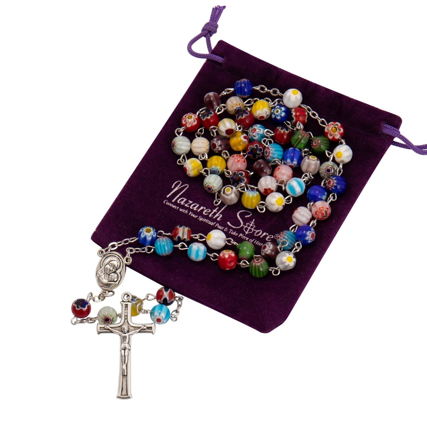 Nazareth Store Murano Glass Rosary Necklace Handmade Multicolor Millefiori Beads Rosario Holy Soil Medal and Cross Crucifix