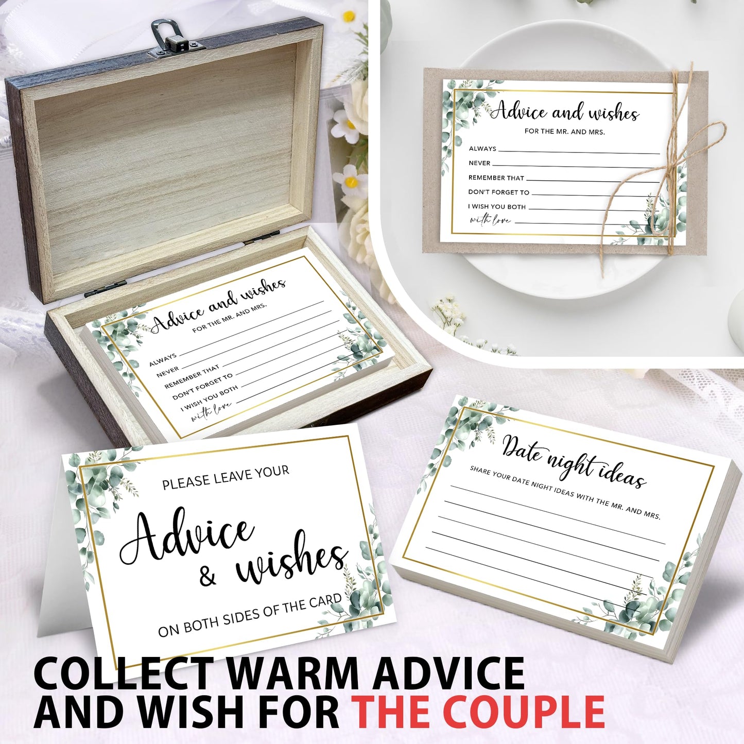 Crocothemis 50 Pcs Advice and Wishes for the Mr and Mrs Cards in Box - Bridal Shower Guest Book - Perfect for Newlywed Games, Reception Decor, Engagement Parties & Anniversary Wishes(Greenery) -B09
