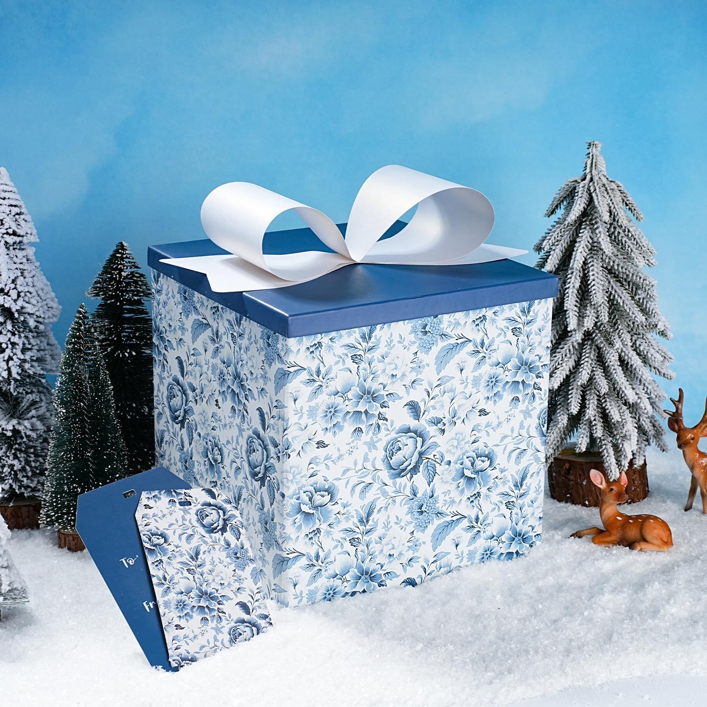 BIOBROWN Medium Gift Boxes with Lids for Presents, 9x9x9 Inches Chinoiserie Blue White Peony Floral Design Collapsible Gift Box for Mother's Day, Bridal Shower, Wedding, Birthday, Valentine's Day