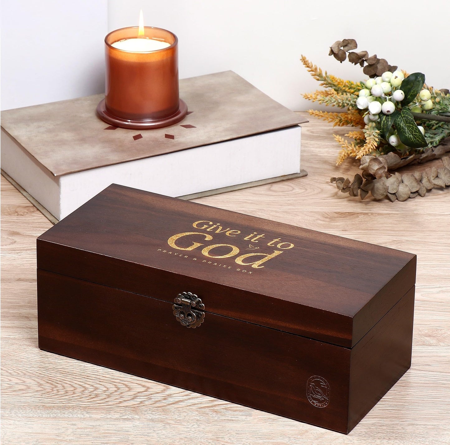 Prayer Box – Acacia Wood & Metal, Engraved “Give it to God,” Includes Prayer & Praise Cards, Decorative Religious Gift