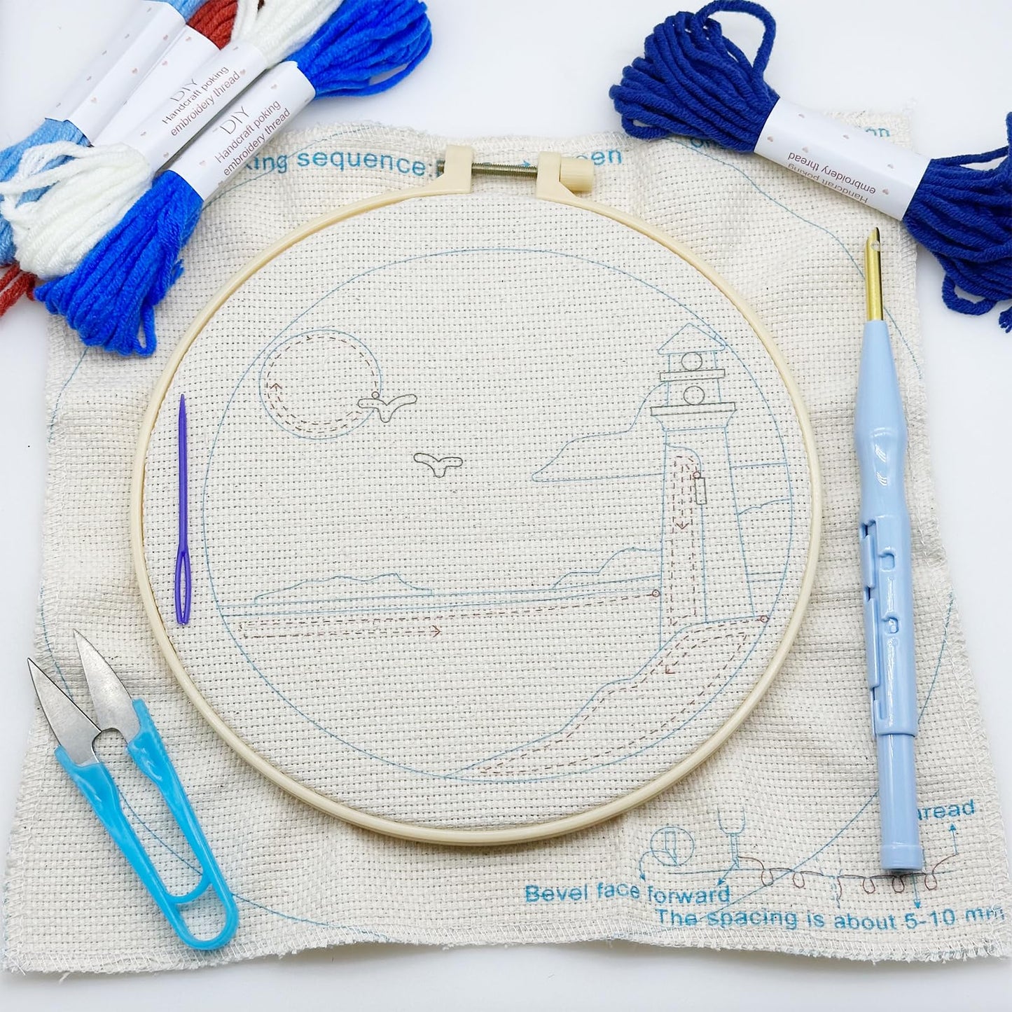 Woohome Punch Needle Kit Included Plastic Hoops, Punch Needle Cloth, Color Yarn and Punch Needle Tools for Adults, Beginners (Lighthouses and Flower Fields)