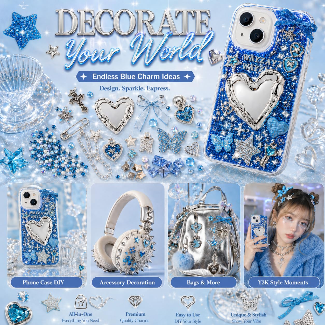 Prdingfy Blue Silver Phone Case Charms Kit, Icy Y2K DIY Decorating Accessories with Bows, Rhinestones, Mini Mirror Pieces and Resin Charms for Custom Cases