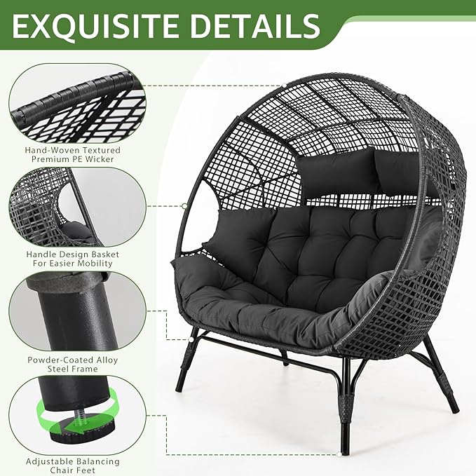 NICESOUL® Double Egg Chair Indoor Outdoor Stationary Oversized 6.5" Thick Padded Cushions,2 Person Wicker Egg Loveseat Chair,680 lbs Extra Wide Lounge Chair for Patio Balcony Porch Gray with Cover
