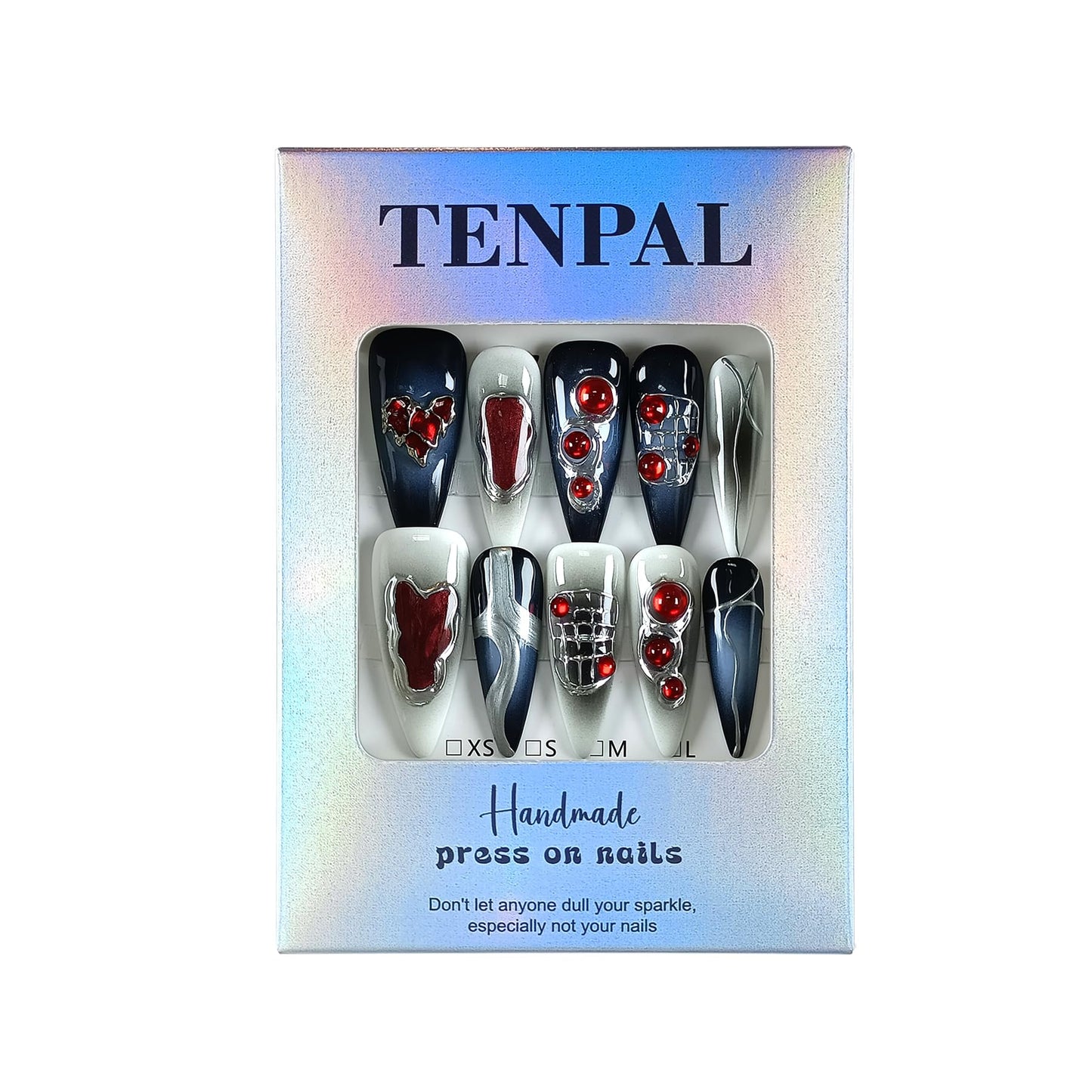 TENPAL Halloween Vampire Nails,Gothic Press On Nails Long Stiletto With Tools,Black Dark Ombre Fake Nails with Red Gems,10Pcs Hand-Painted Glossy Acrylic Glue on Nails for Women Parties Events(XS)