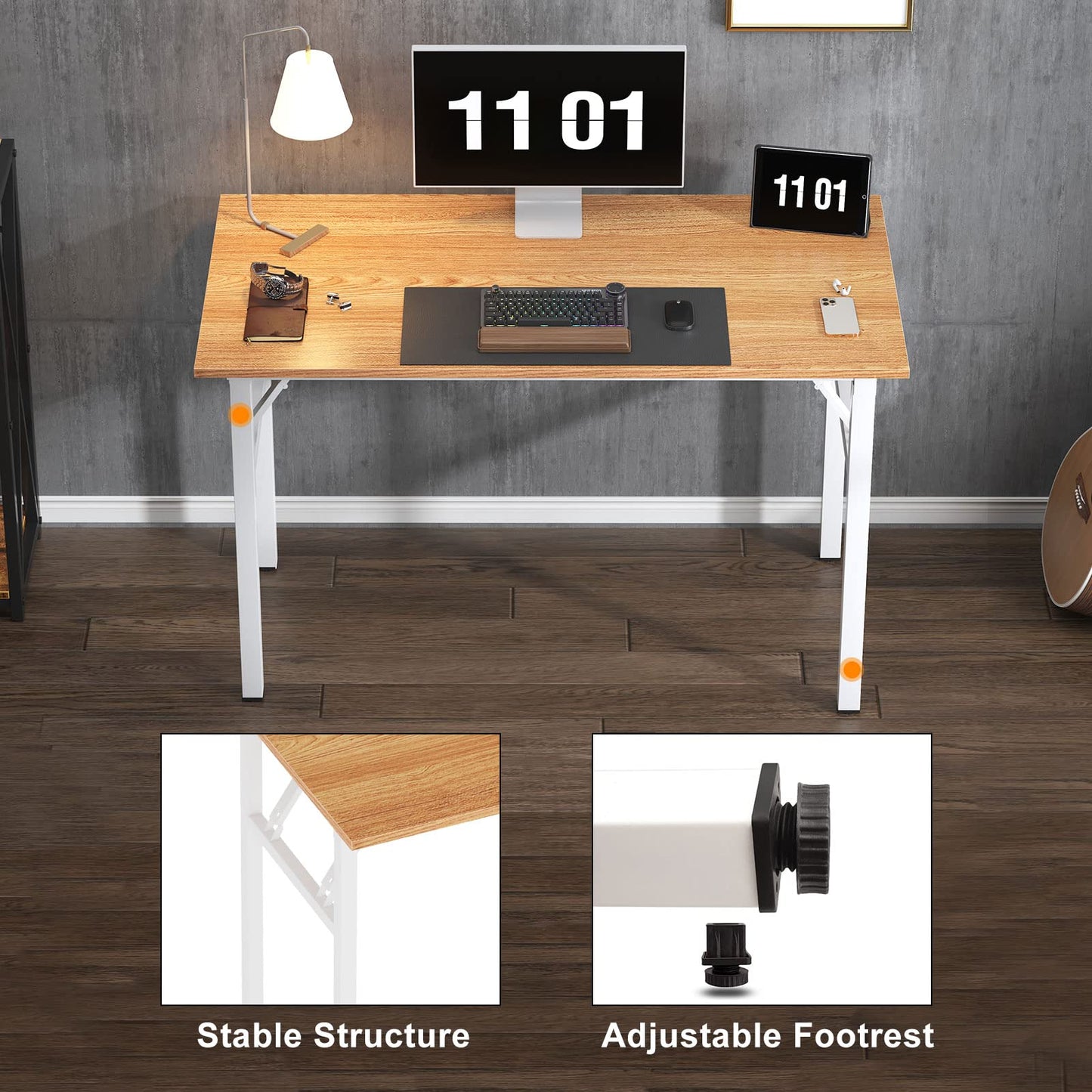 Need Folding Computer Desk - 39.4 Inch Foldable Office Writing Work Study Kids Student Teacher Home Bedroom Table for Small Space, Teak & White