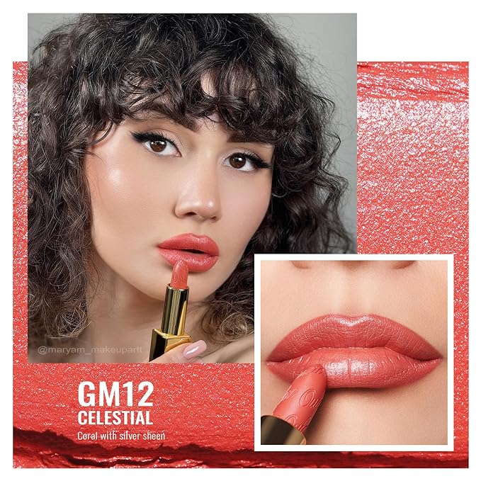 Oulac Coral Matte Lipstick with Glow Metallic Finish - Vegan Lipstick for Women, Creamy Texture, Hydrating Clean Beauty Formula, High-End Magnetic Hook Design, GM12 Celestial