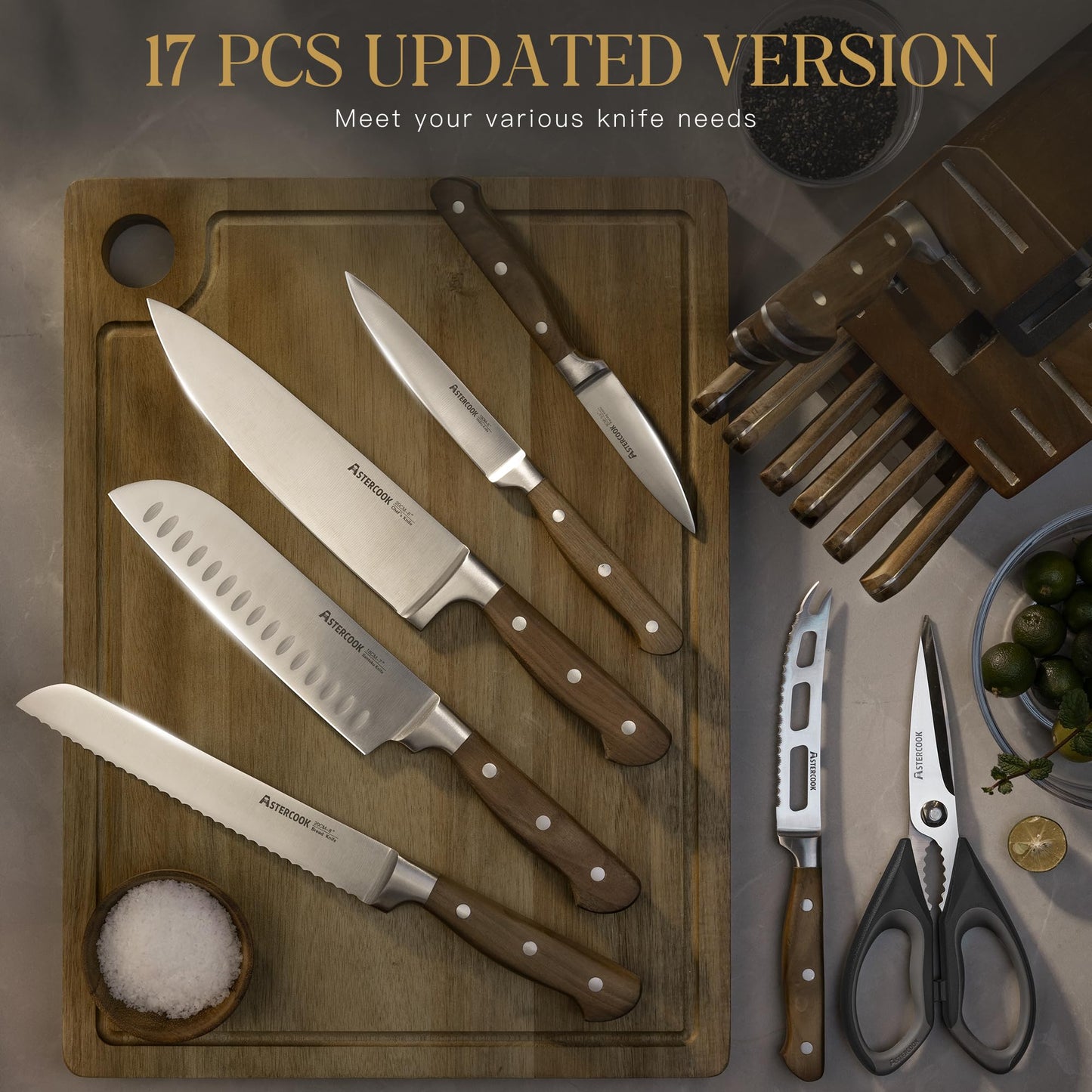 Astercook 17-Piece Knife Block Set with Built-in Sharpener, German Stainless Steel Full Tang Kitchen Knives, Ergonomic Walnut Handle Cutlery Set for Home Cooking & Gifting