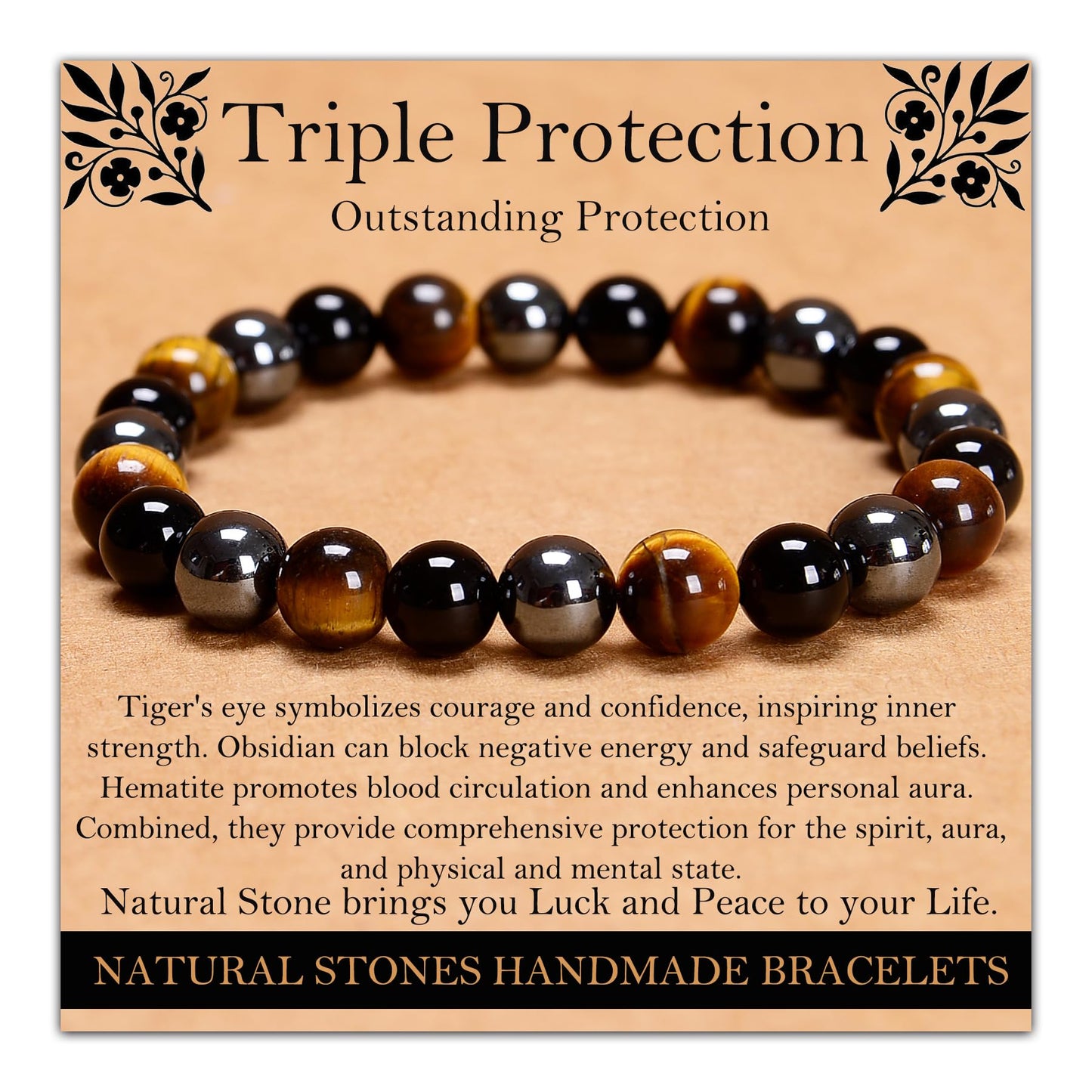 Handmade Natural Gemstone Elastic Bracelet - Healing Crystal Beads Jewelry, Unisex (Triple Protection, 8mm)