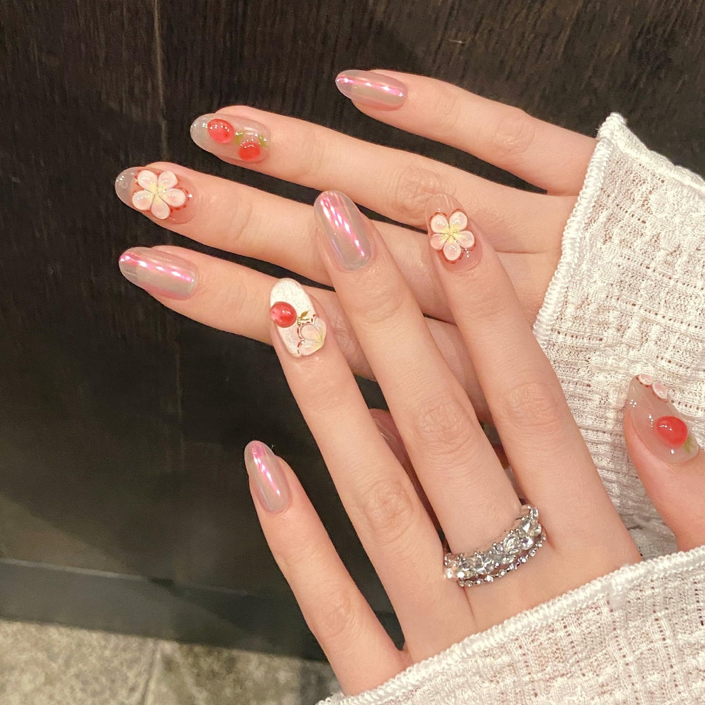 TENPAL Press on Nails 10Pcs with Tools Kit,3D Strawberry Spring Summer Pink Aurora Fake Nails,Cute Floral Almond Short Nails,Full Cover False Nails Simple Blush Glue on Nails Sweet Summer Nails(M)