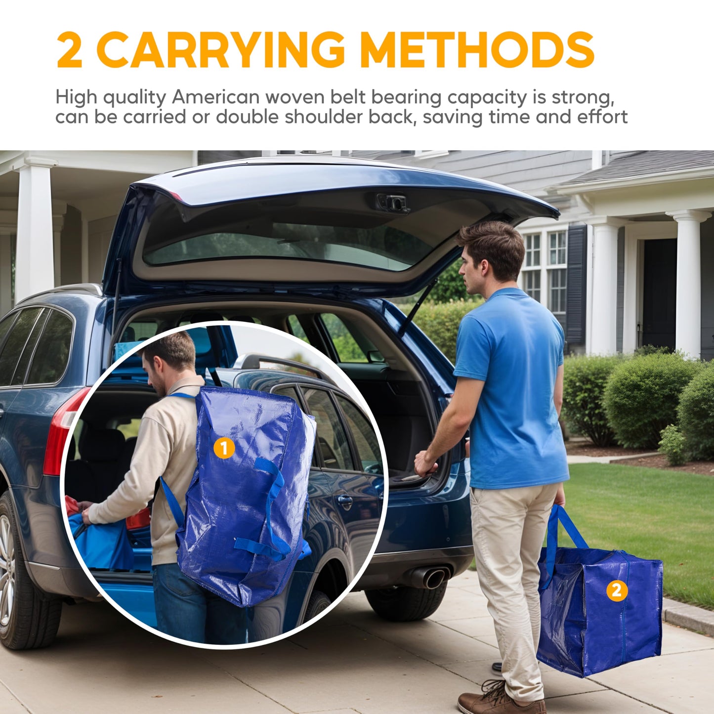 4 Pack Oversized Heavy Duty Moving Bags with Backpack Straps, Strong Handles & Zippers, Extra Large Storage Tote Moving Boxes for Space Saving, Blue