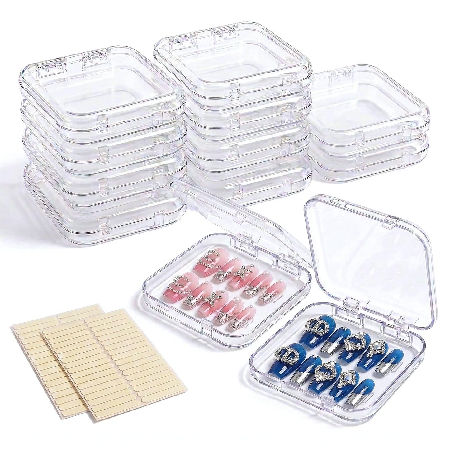 12 Pcs Press on Nail Storage Box with 60 Pcs Double Sided Adhesive Tapes, Nail Packaging Boxes Fake Nail Display Case Crystal Clear Nail Storage Box with Gift Box for Nail Art Business Nail Salon