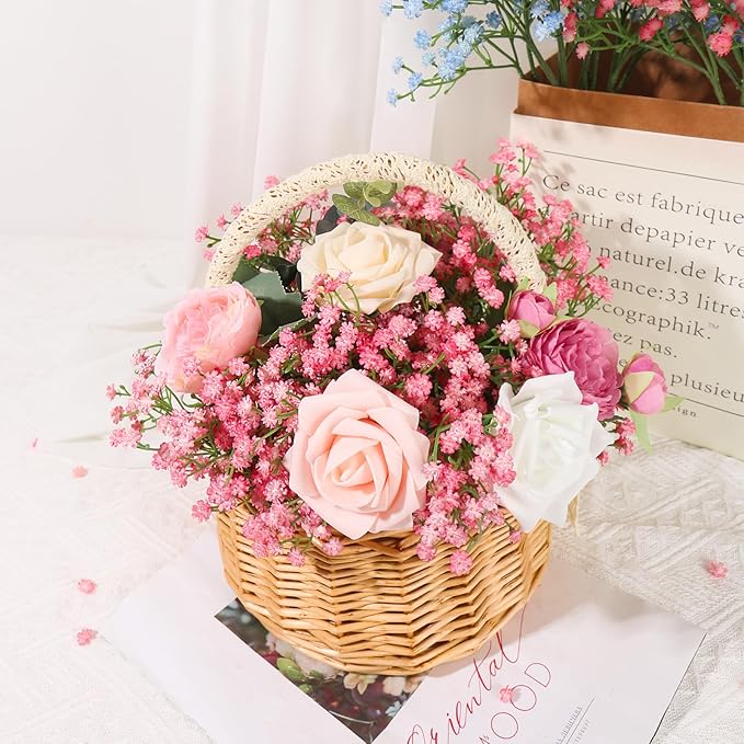 DEEMEI 15 PCS Babys Breath Artificial Flowers Fake Babys Breath Flowers Artificial Bulk Pink Gypsophila Bouquets Real Touch Faux Flowers for Wedding Floral Arrangement Party Home Decoration