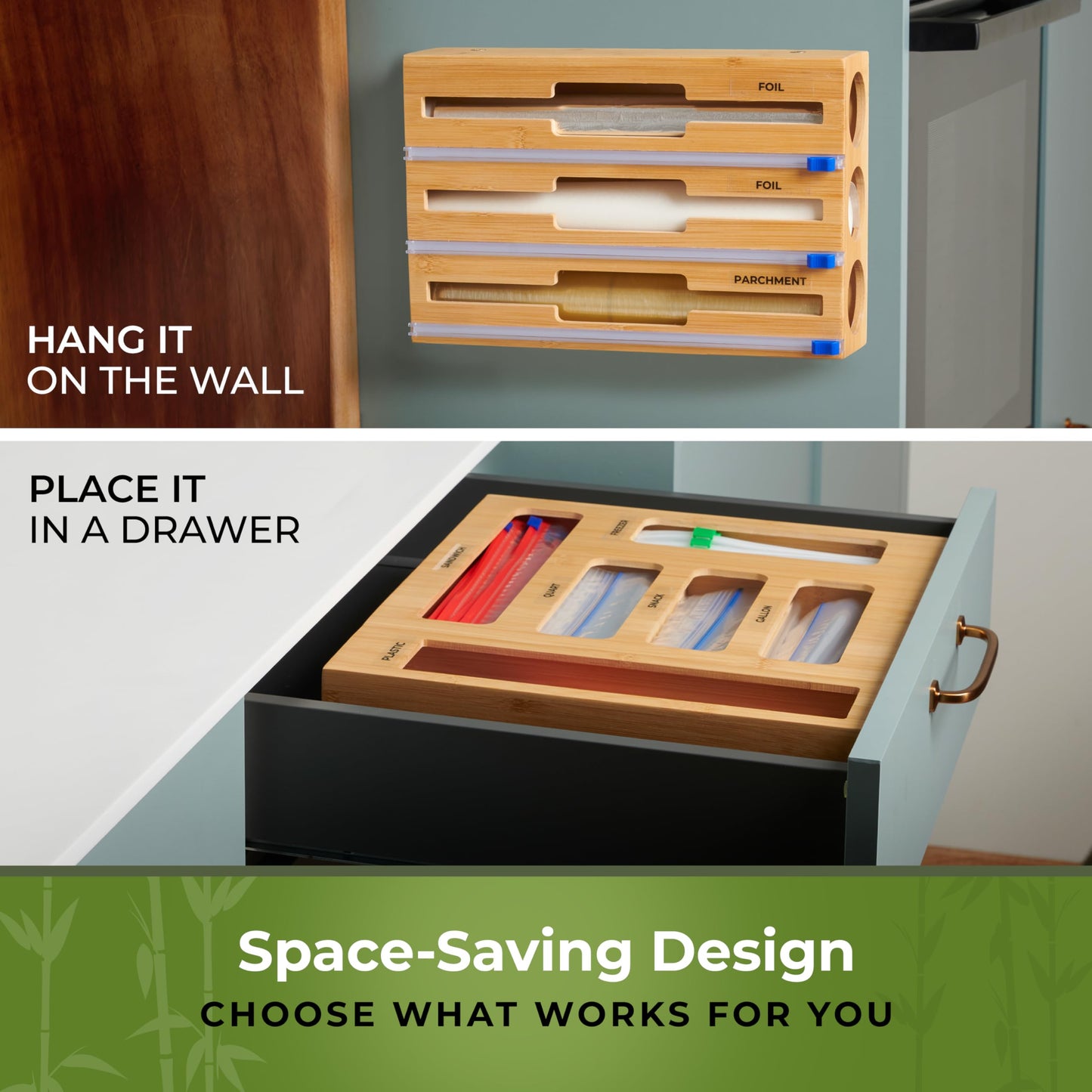 Kitchen Drawer Organizer, 9 in 1 Sandwich Storage Bag Organizer & Foil Wrap Dispenser - Fits Gallon, Quart, Snack - Plastic Bag Storage for Kitchen Organization [Measure Your Drawer Before Ordering]
