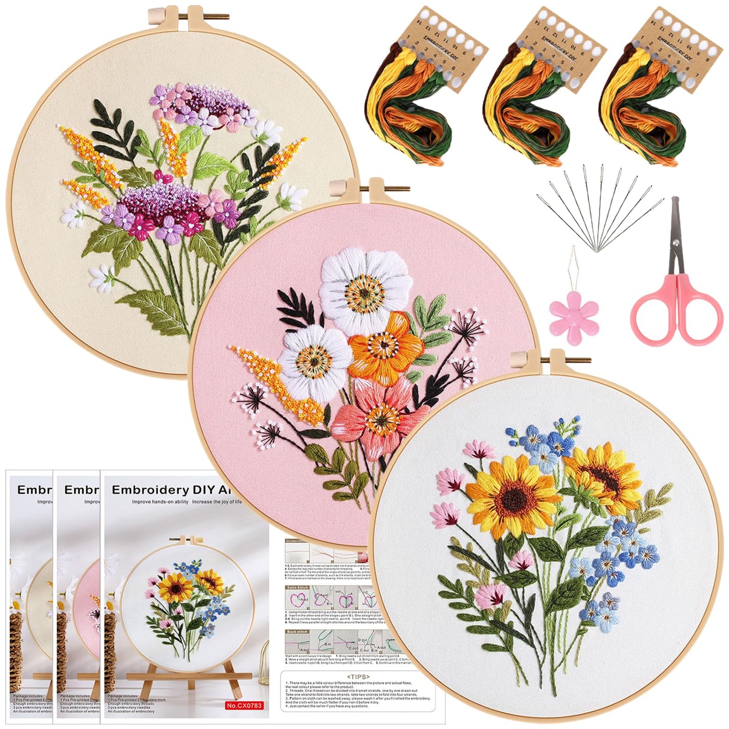 Herdiese 3PCS Embroidery Kit for Beginners with Floral Patterns – Cross Stitch Kits for Adults Including Hoop, Pre-Printed Fabrics, Threads, 9 Needles & Scissors – Easy Instructions