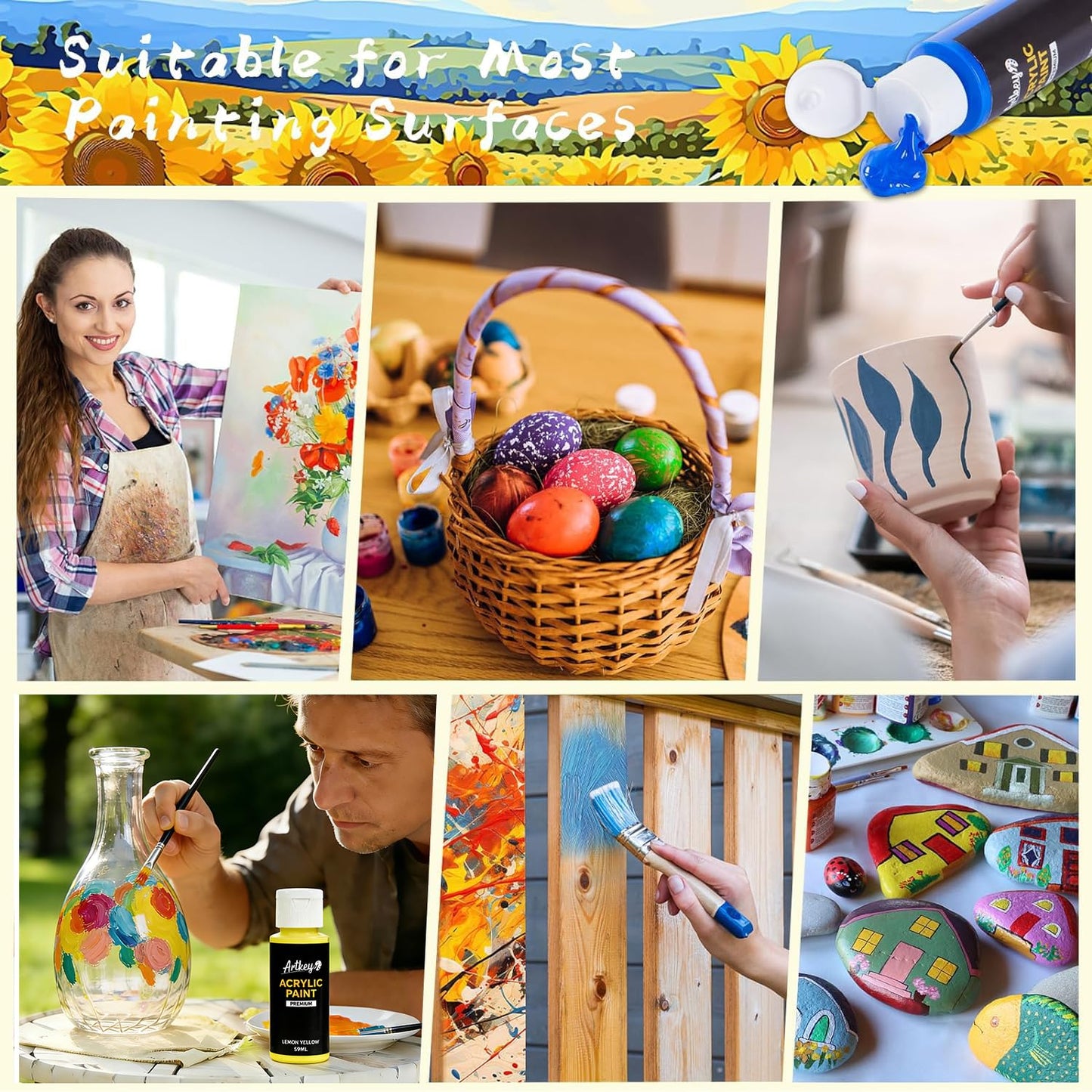 Artkey Acrylic Paint Set, 24 Colors 2 oz/59 ml Acrylic Paint Kit for Professional Artists & Beginners – Craft & Art Supplies for Canvas, Wood, Fabric, Rock, Leather, Ceramic, Glass, Easter Egg