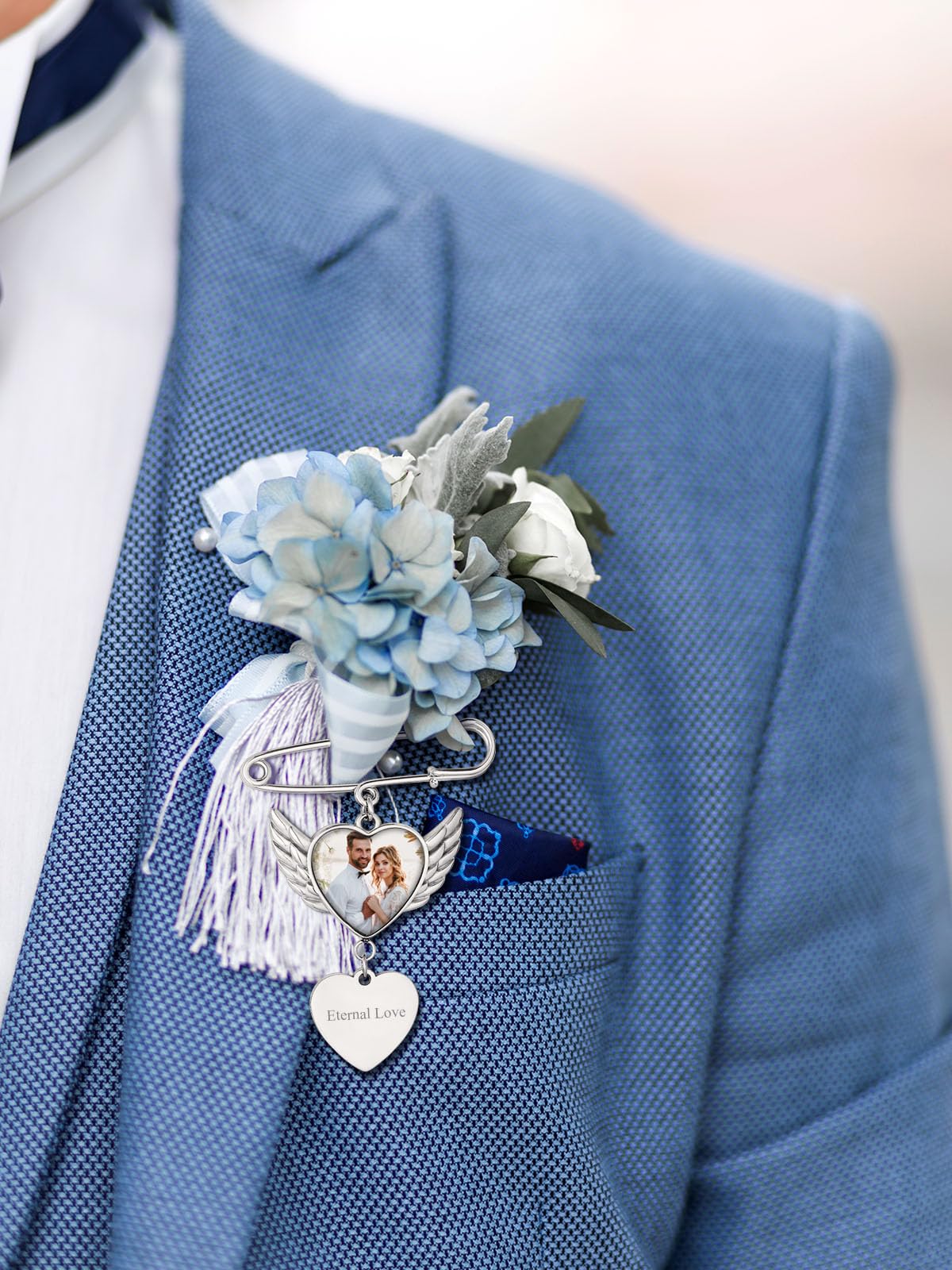 Custom4U Bouquet Picture Charm for Groom Names Customized Brooch for Wedding Memory Funeral Jewelry