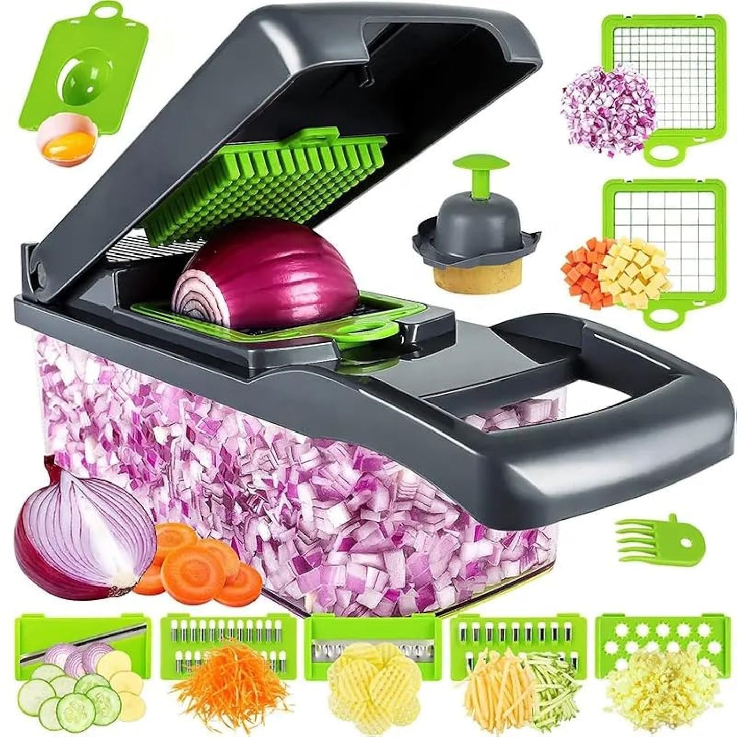 Multi-Function 12-in-1 Vegetable Chopper Cutter - Spiralizer and Slicer with Storage Container, Onion Chopper and Onion Mincer, Cutter, Egg, Veggie Chopper, Cheese Grater, Strawberry Slicer