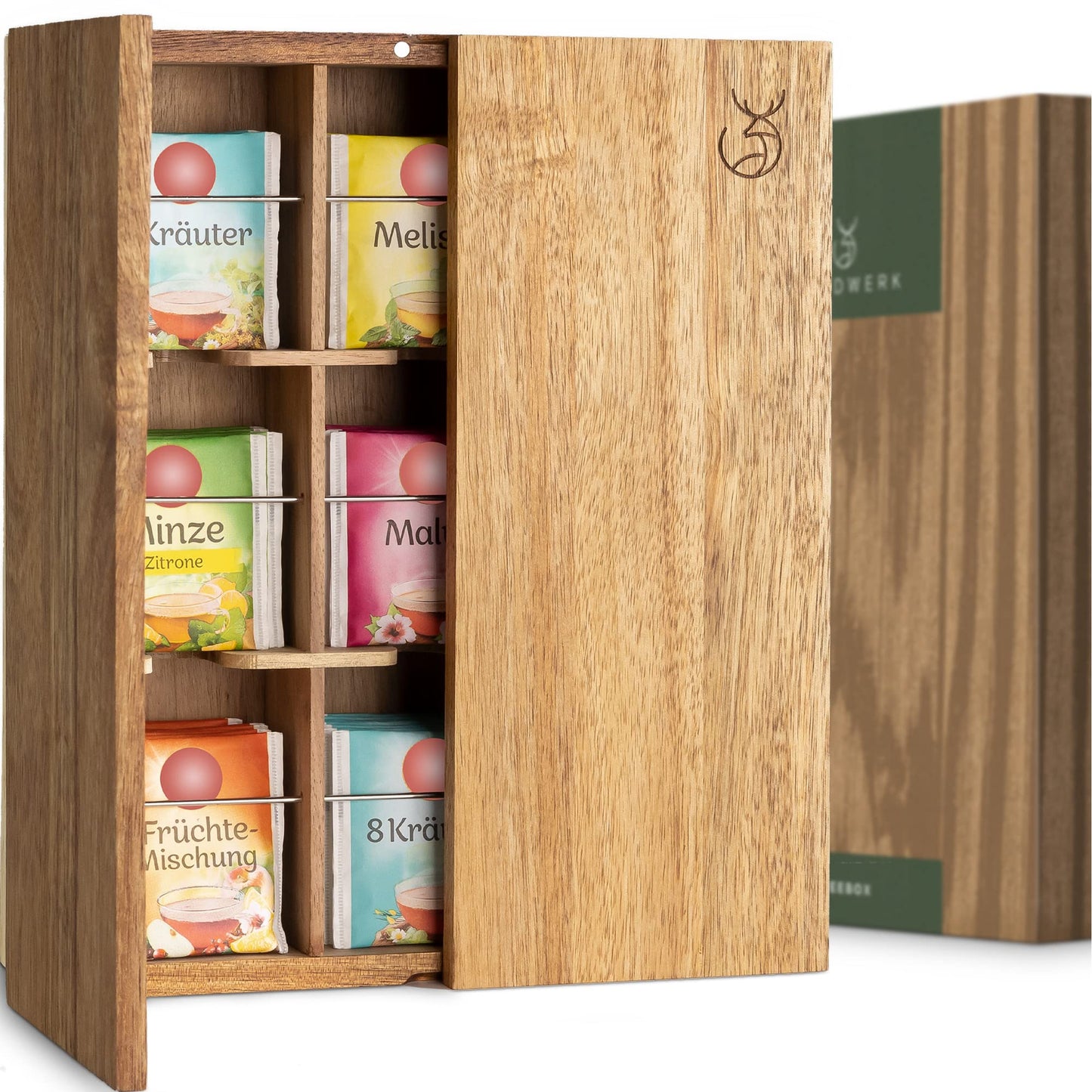 WALDWERK Tea Storage Organizer (9 Compartments) - Tea Organizer Made of Solid Acacia Wood - Tea Box with Wall Mounting Option - Tea Organizer and Storage - Tea Bag Holder - Plastic Free Tea Holder