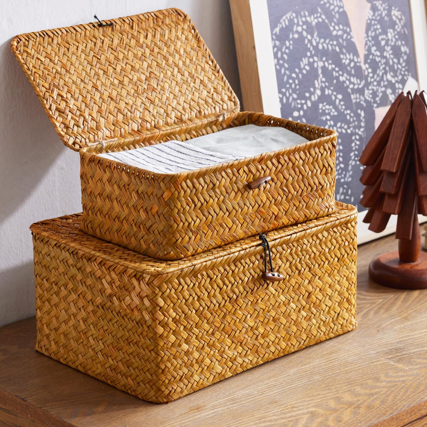 EugroVanth Wicker Storage Box with Lid, Handwoven Baskets for Storage, Rectangle Decorative Baskets Bins Container for Shelf Organizing Home, Set of 3, Natural