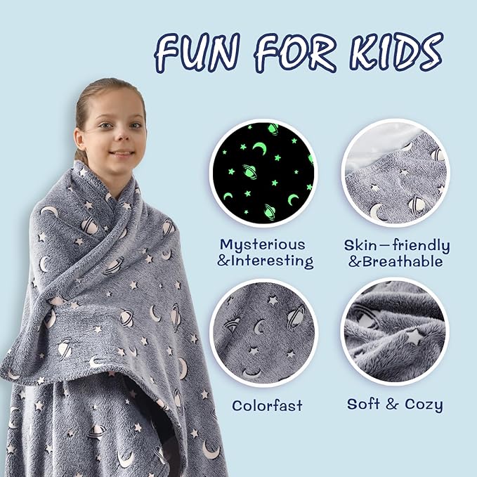 SOCHOW Glow in The Dark Throw Blanket 50 x 60 Inches, Galaxy Stars Pattern Soft Cozy Flannel Fleece Blanket for Sons Daughters, All Seasons Grey Presents Blanket for Preteens Teens