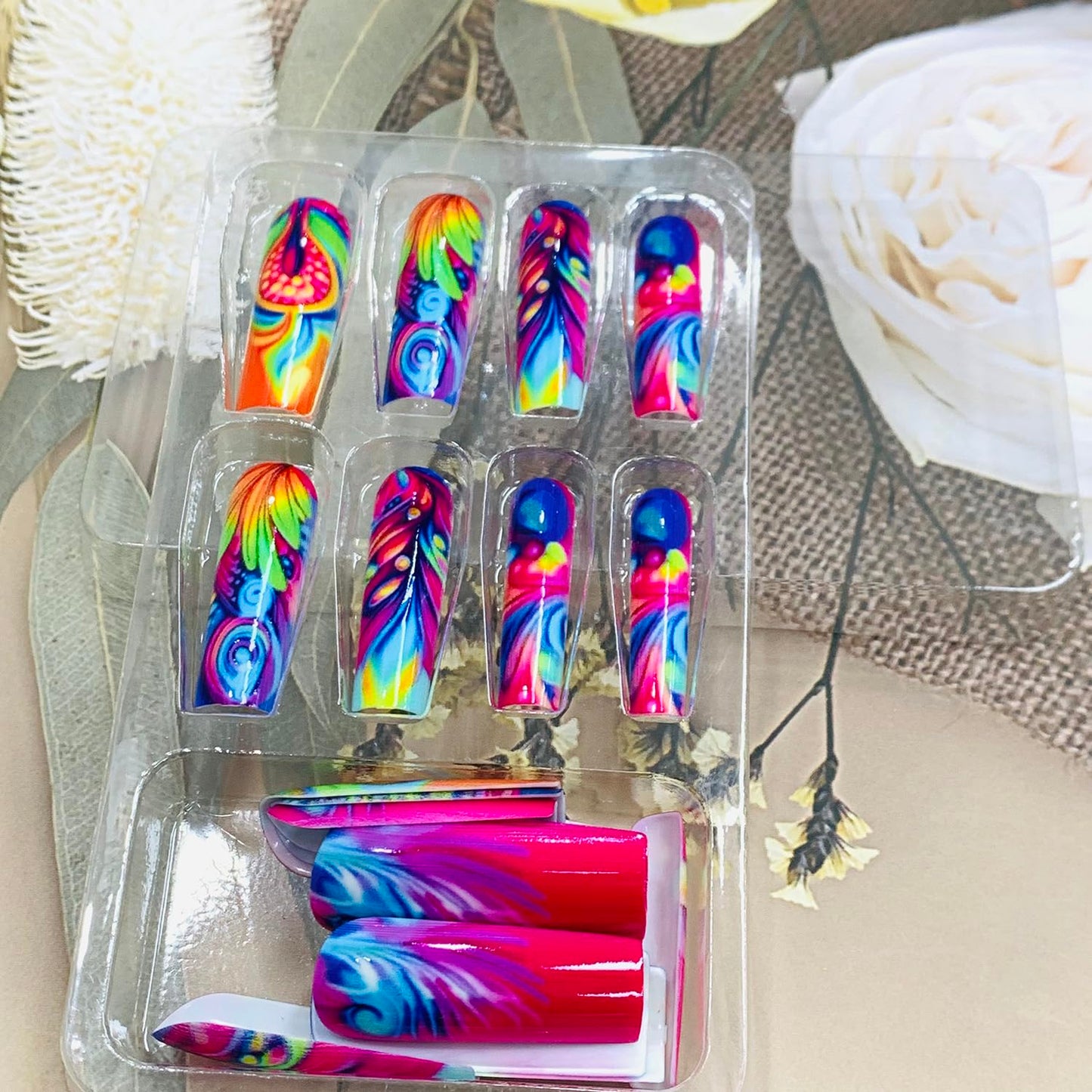 EYZOTSF Press on Nails Long Coffin Shaped Acrylic Square False Nails with Designs Artificial Extra Long Length Coffin Fake Nails with Charms Glue Stick ons Fingernails for Women Girls(Y456)